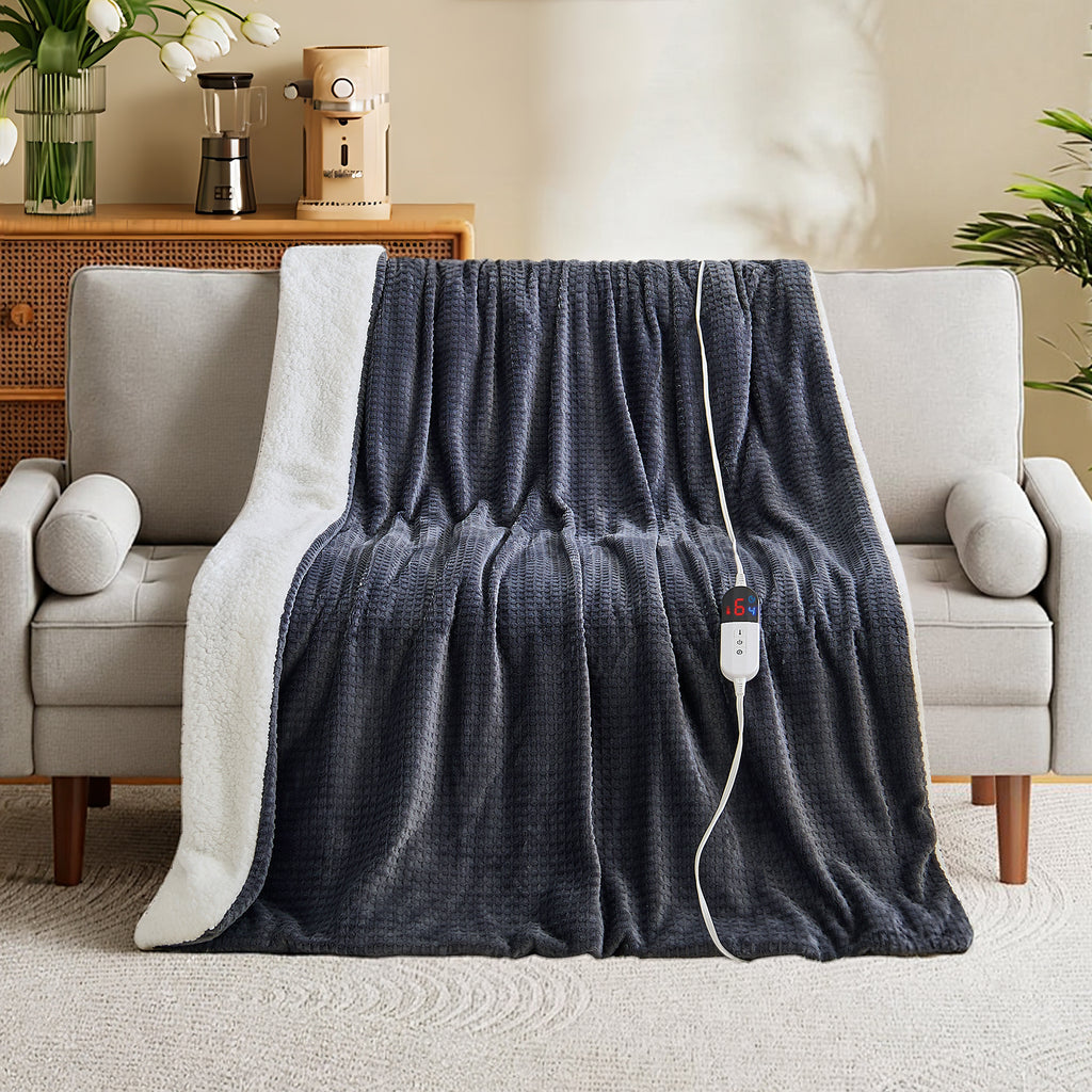 Dhole Heated Blanket Electric Blanket Throw Waffle, 50x60 Inches，Sherpa Fleece Fast Heating Blanket 6 Heating Levels & 4 Hours Auto Off ETL Certification