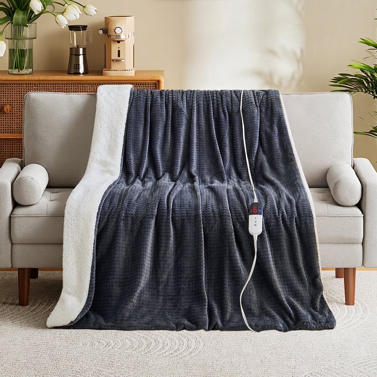 Dhole Heated Blanket Electric Blanket Throw Waffle, 50x60 Inches，Sherpa Fleece Fast Heating Blanket 6 Heating Levels & 4 Hours Auto Off ETL Certification