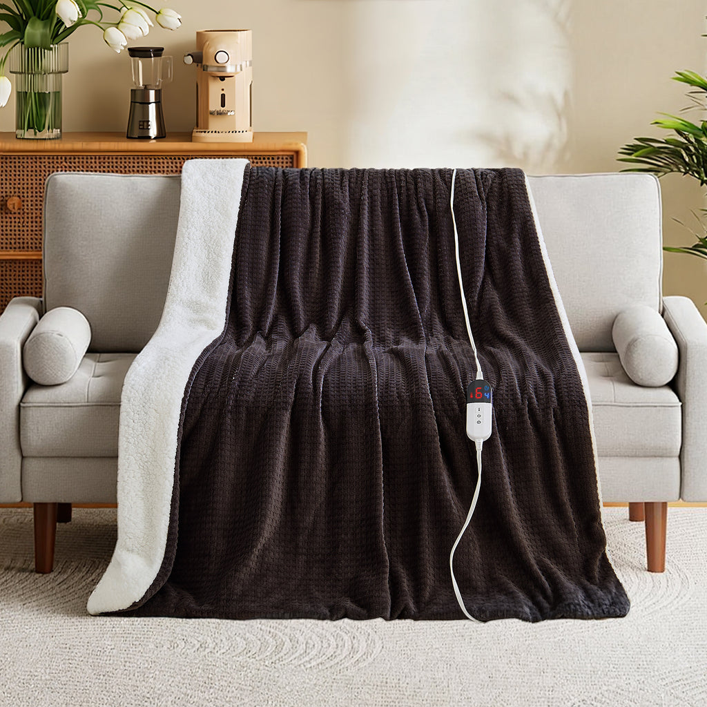 Dhole Heated Blanket Electric Blanket Throw Waffle, 50x60 Inches，Sherpa Fleece Fast Heating Blanket 6 Heating Levels & 4 Hours Auto Off ETL Certification