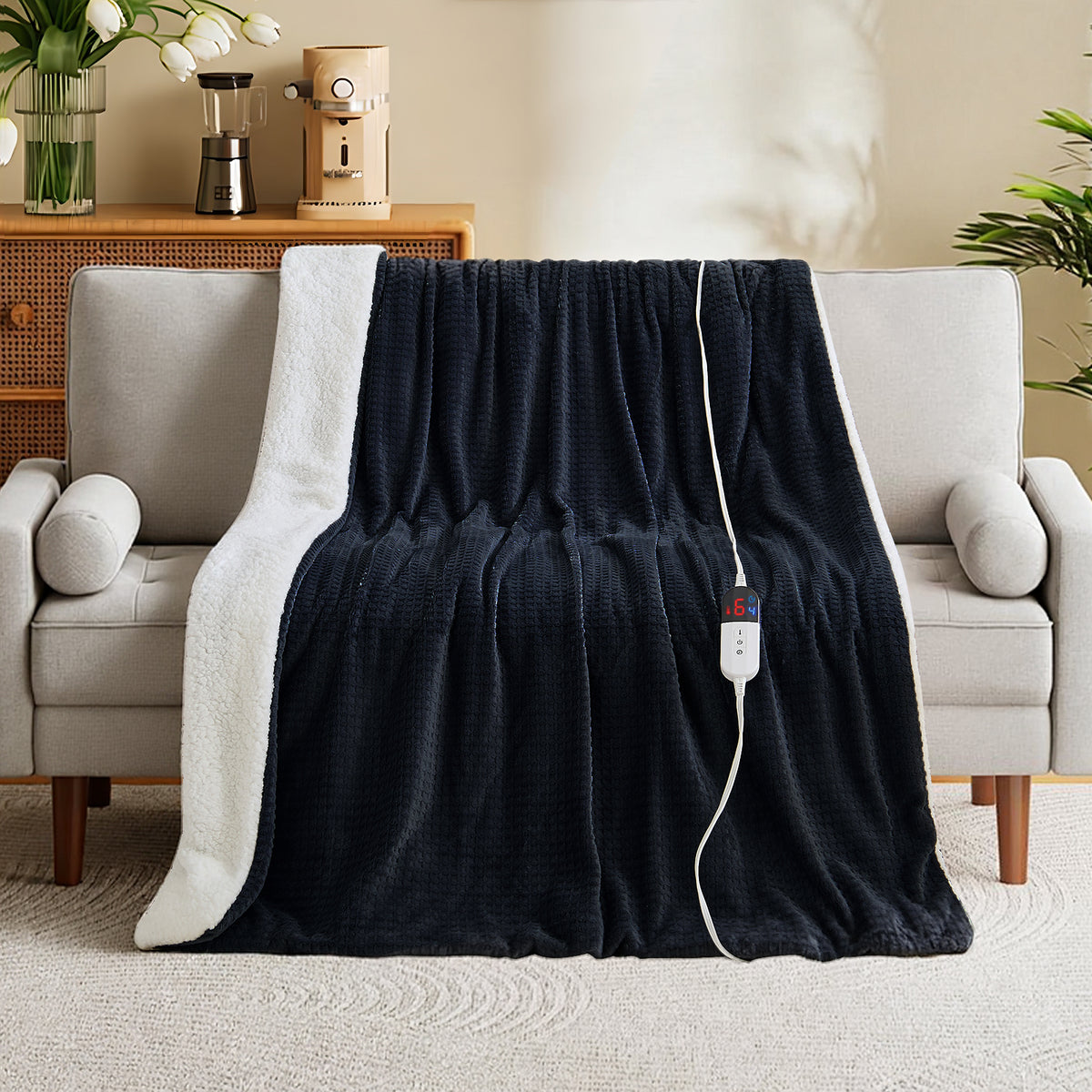 Dhole Heated Blanket Electric Blanket Throw Waffle, 50x60 Inches，Sherpa Fleece Fast Heating Blanket 6 Heating Levels & 4 Hours Auto Off ETL Certification