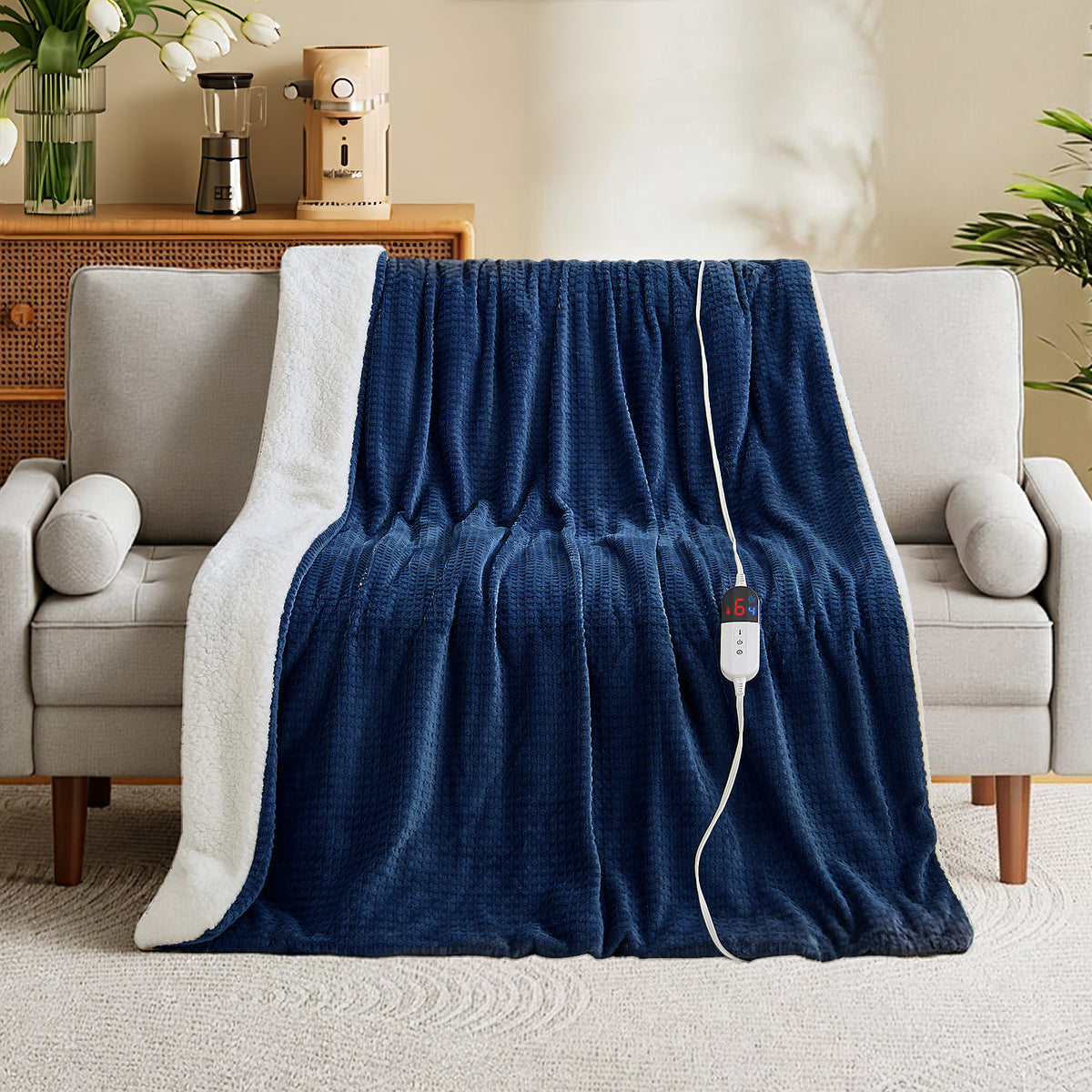 Dhole Heated Blanket Electric Blanket Throw Waffle, 50x60 Inches，Sherpa Fleece Fast Heating Blanket 6 Heating Levels & 4 Hours Auto Off ETL Certification