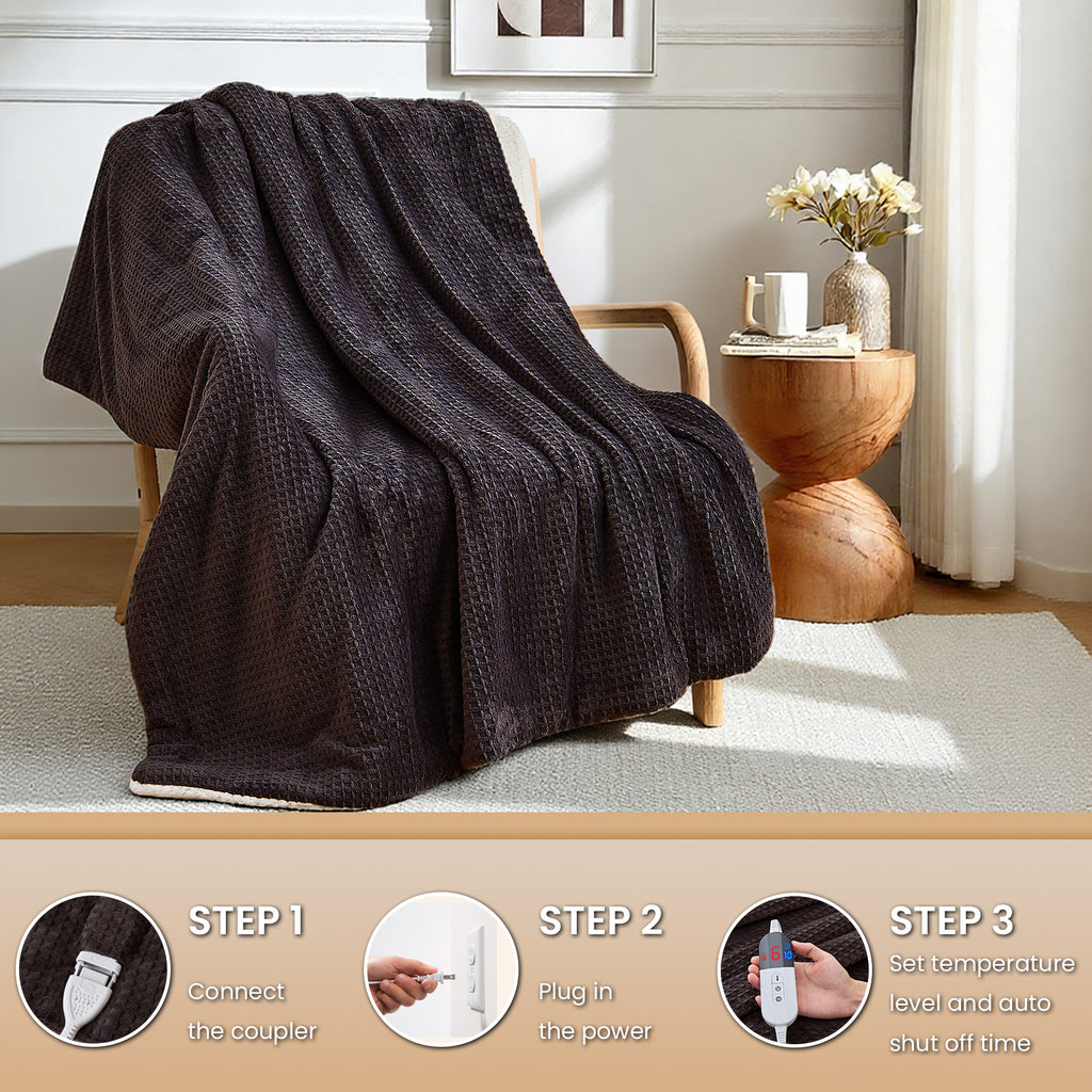 Dhole Heated Blanket Electric Blanket Throw Waffle, 50x60 Inches，Sherpa Fleece Fast Heating Blanket 6 Heating Levels & 4 Hours Auto Off ETL Certification