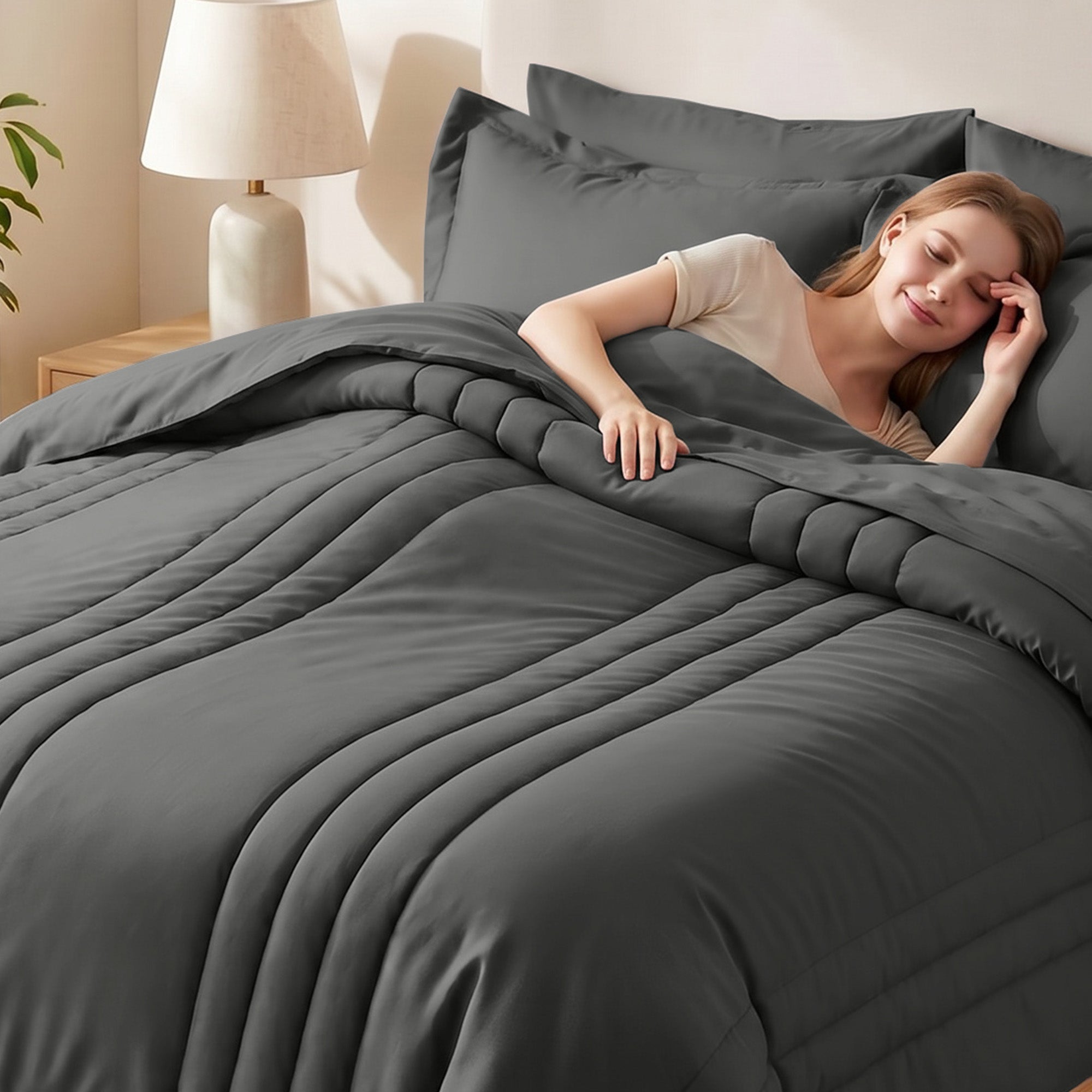 Dhole 7-Piece Bed in Bag - Striped Comforter Sets, Pillowcases & Sheet Collection for Cozy Bedding Sets