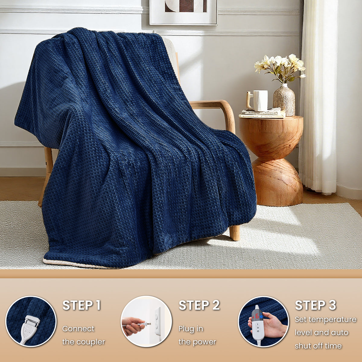 Dhole Heated Blanket Electric Blanket Throw Waffle, 50x60 Inches，Sherpa Fleece Fast Heating Blanket 6 Heating Levels & 4 Hours Auto Off ETL Certification