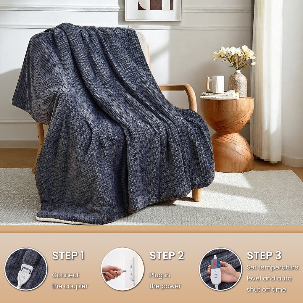Dhole Heated Blanket Electric Blanket Throw Waffle, 50x60 Inches，Sherpa Fleece Fast Heating Blanket 6 Heating Levels & 4 Hours Auto Off ETL Certification