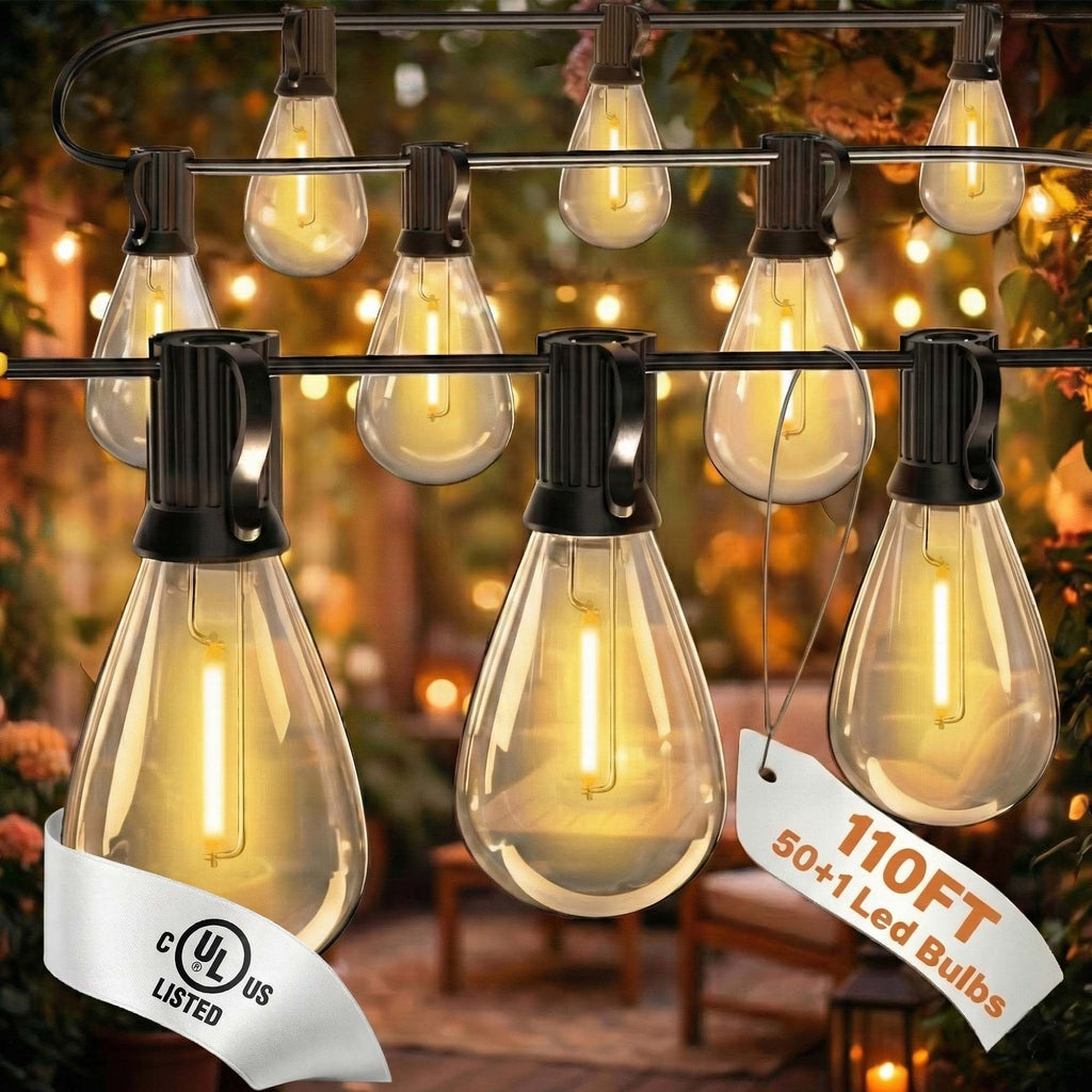 Mylorn 110FT LED Outdoor String Lights, 50+2 S14 Shatterproof Bulbs, 2FT Spacing, 2700K Dimmable Warm White, IP65 Waterproof, Connectable Patio Garden Porch Deck Decor