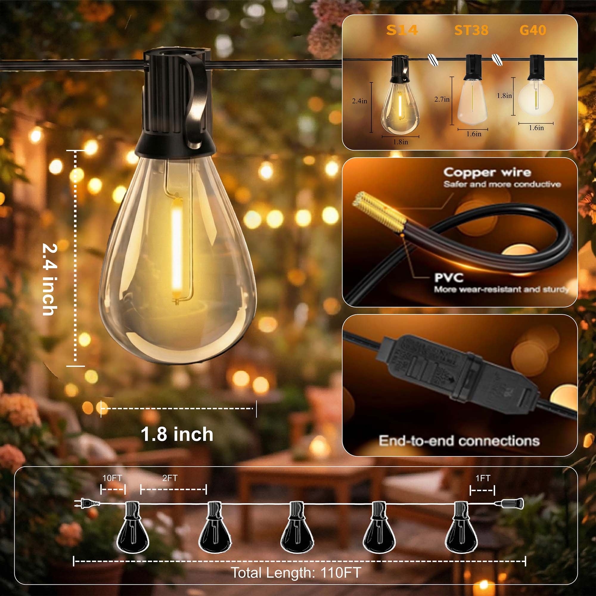 Mylorn 110FT LED Outdoor String Lights, 50+2 S14 Shatterproof Bulbs, 2FT Spacing, 2700K Dimmable Warm White, IP65 Waterproof, Connectable Patio Garden Porch Deck Decor