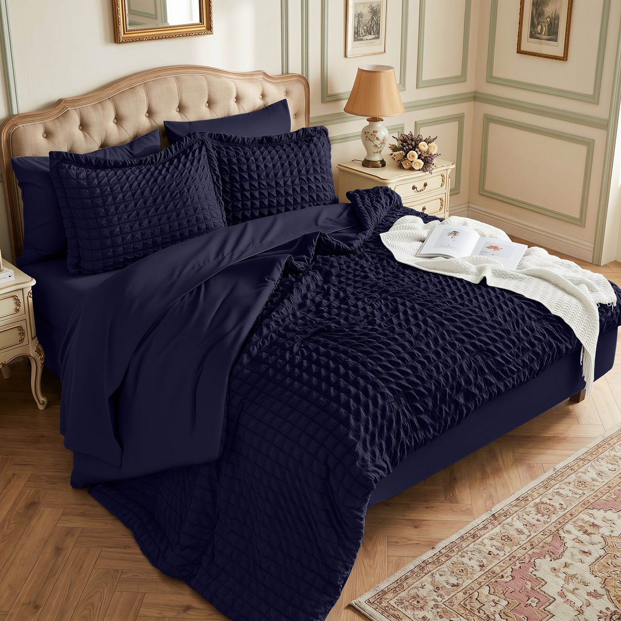 DHOLE Comforter Set 7 Pieces – Seersucker Textured Waffle Weave Bed in a Bag, All-Season Lightweight Microfiber Bedding Sets with Sheets & Pillow Shams
