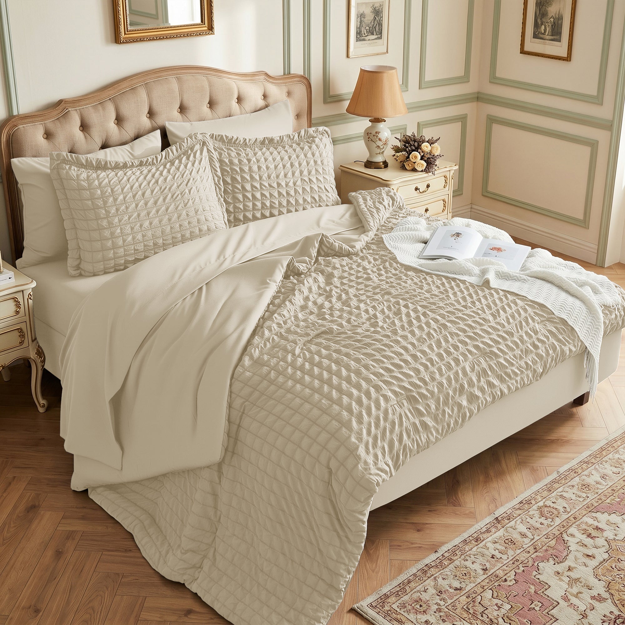 DHOLE Comforter Set 7 Pieces – Seersucker Textured Waffle Weave Bed in a Bag, All-Season Lightweight Microfiber Bedding Sets with Sheets & Pillow Shams