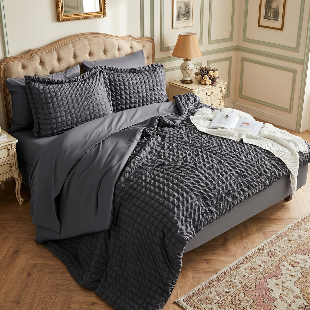 DHOLE Comforter Set 7 Pieces – Seersucker Textured Waffle Weave Bed in a Bag, All-Season Lightweight Microfiber Bedding Sets with Sheets & Pillow Shams