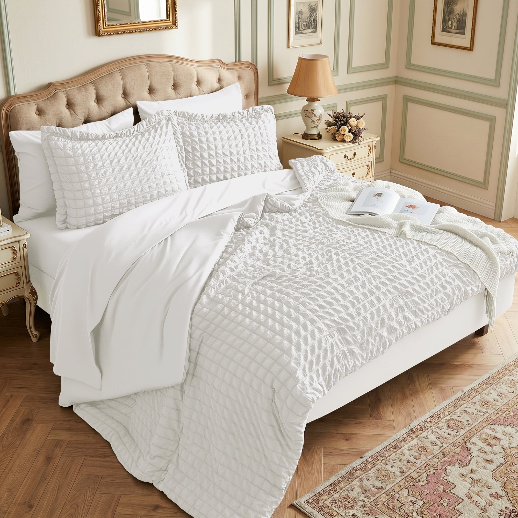 DHOLE Comforter Set 7 Pieces – Seersucker Textured Waffle Weave Bed in a Bag, All-Season Lightweight Microfiber Bedding Sets with Sheets & Pillow Shams