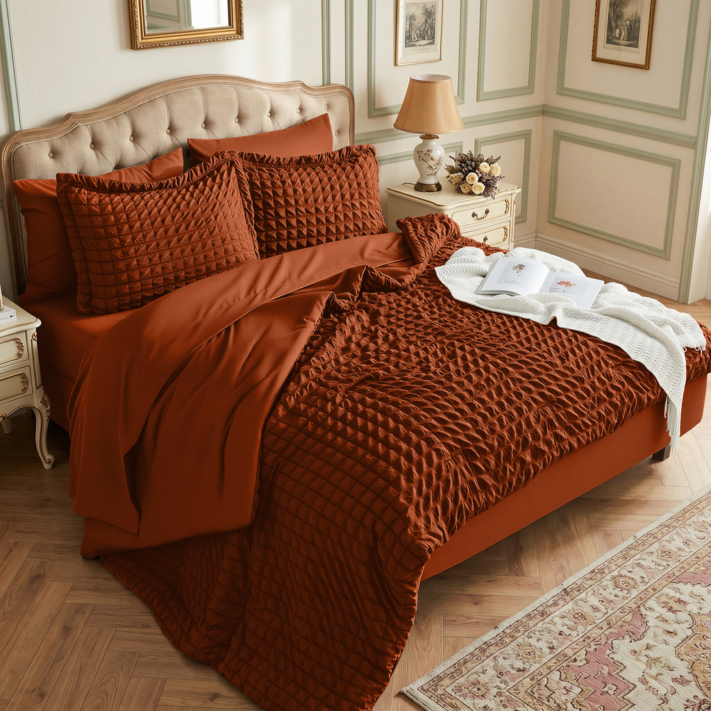 DHOLE Comforter Set 7 Pieces – Seersucker Textured Waffle Weave Bed in a Bag, All-Season Lightweight Microfiber Bedding Sets with Sheets & Pillow Shams