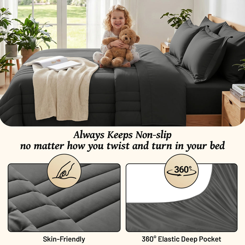 Dhole 7-Piece Bed in Bag - Striped Comforter Sets, Pillowcases & Sheet Collection for Cozy Bedding Sets