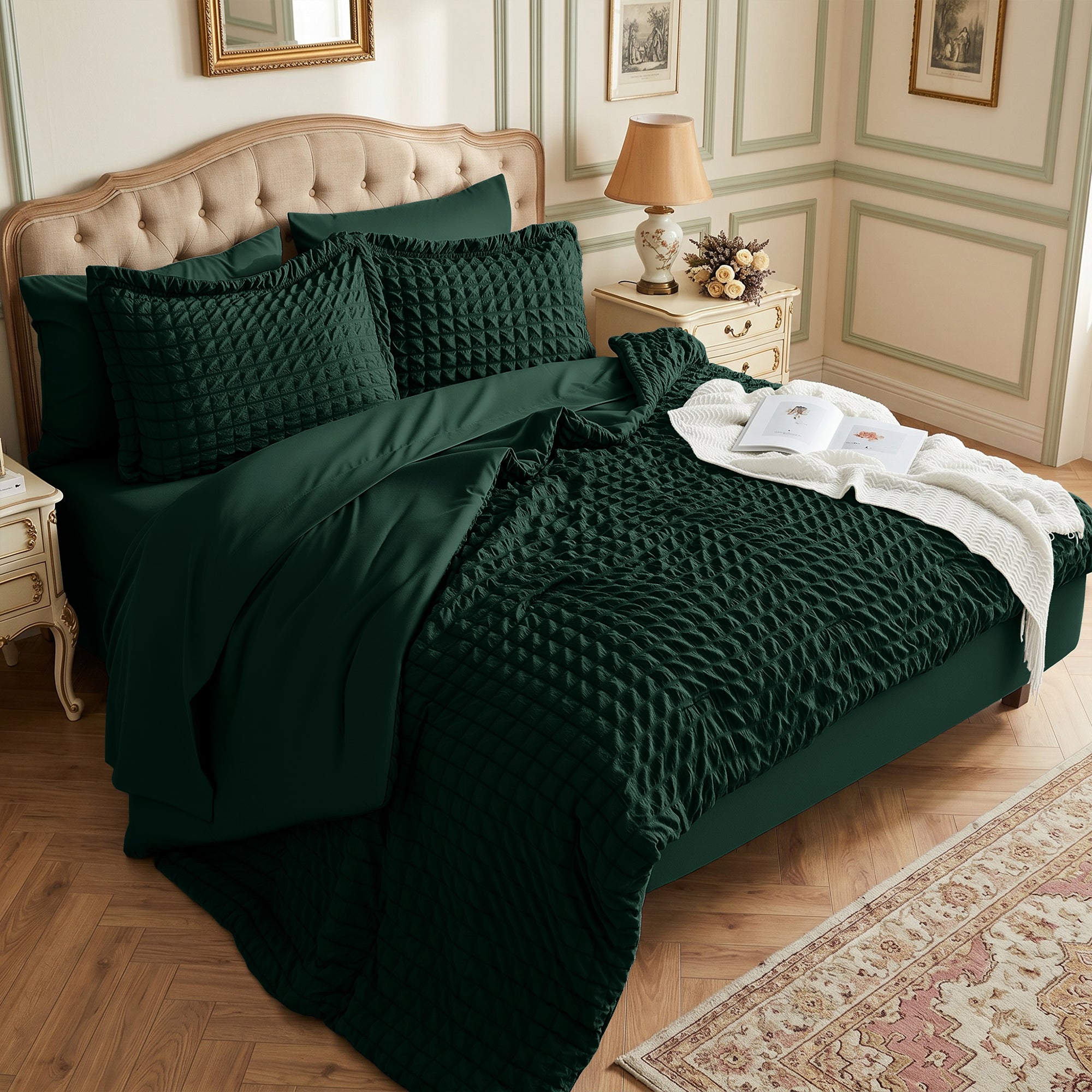 DHOLE Comforter Set 7 Pieces – Seersucker Textured Waffle Weave Bed in a Bag, All-Season Lightweight Microfiber Bedding Sets with Sheets & Pillow Shams