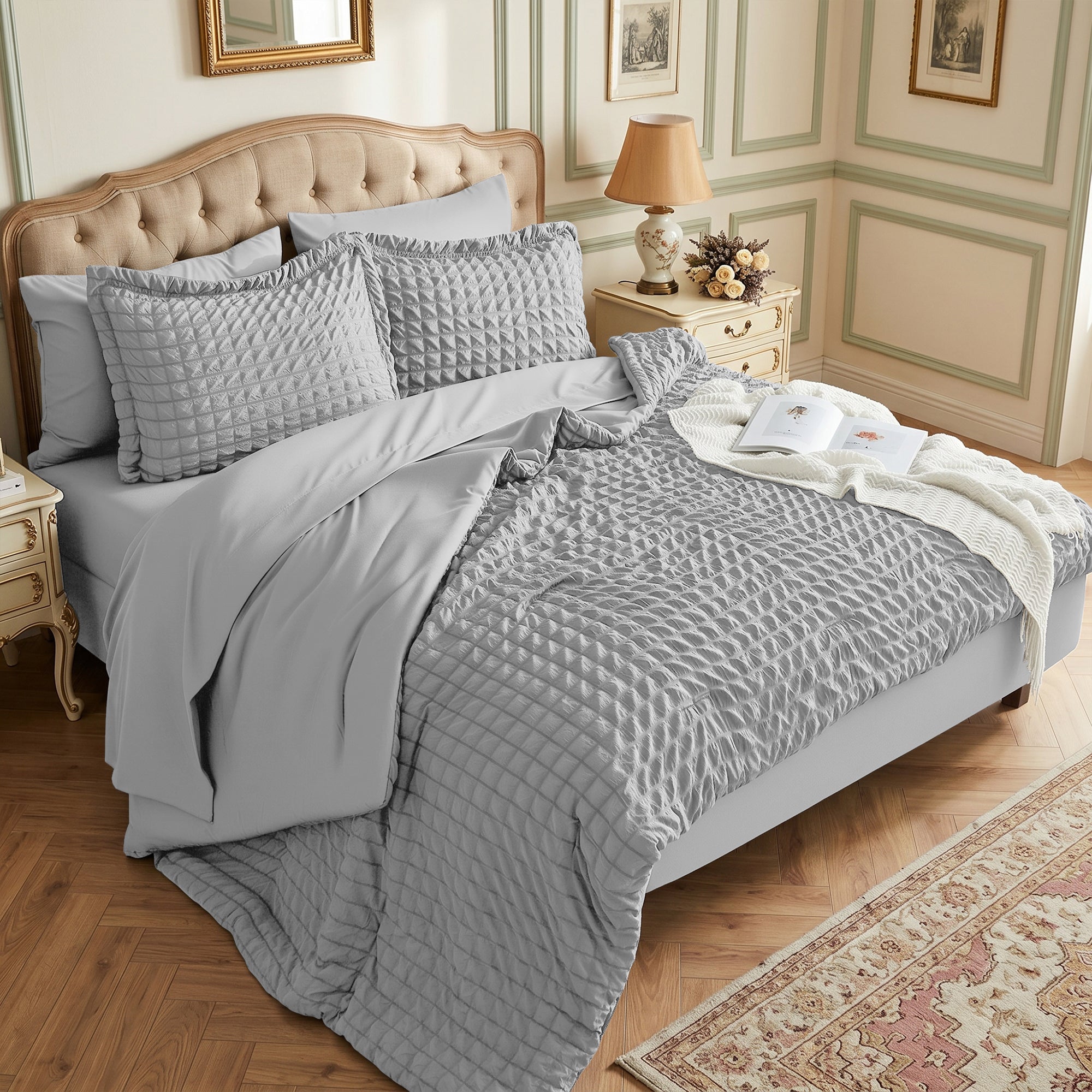DHOLE Comforter Set 7 Pieces – Seersucker Textured Waffle Weave Bed in a Bag, All-Season Lightweight Microfiber Bedding Sets with Sheets & Pillow Shams