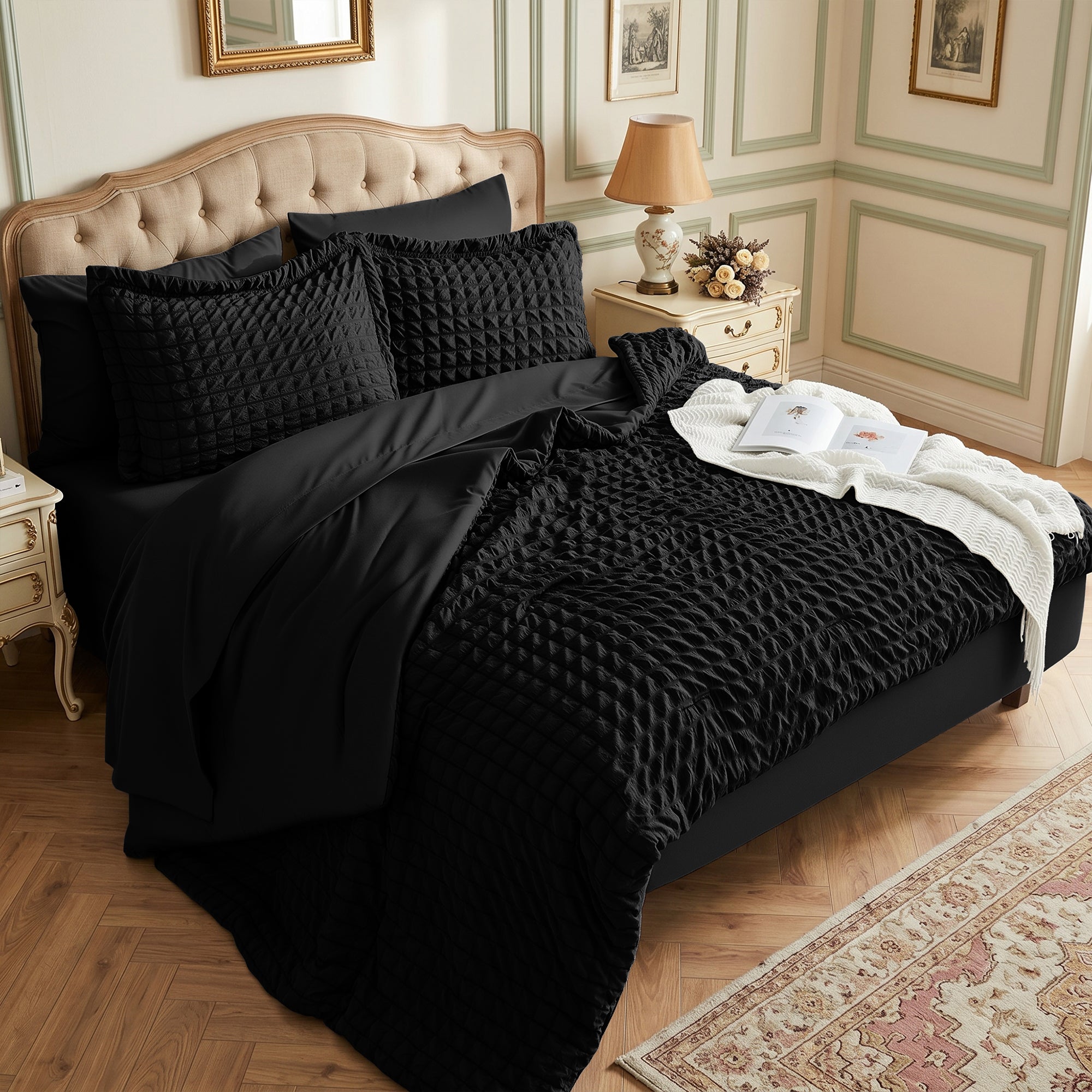 DHOLE Comforter Set 7 Pieces – Seersucker Textured Waffle Weave Bed in a Bag, All-Season Lightweight Microfiber Bedding Sets with Sheets & Pillow Shams