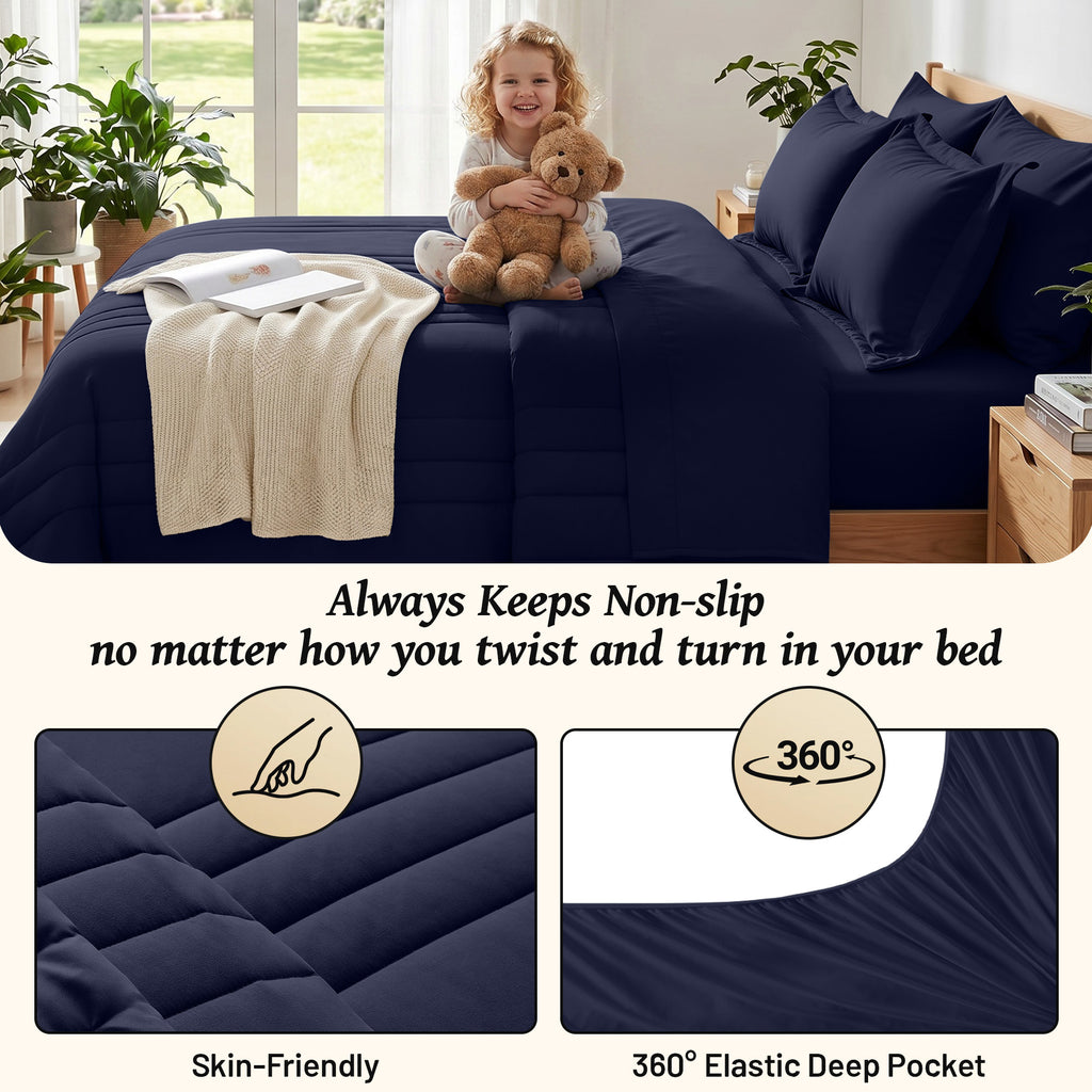 Dhole 7-Piece Bed in Bag - Striped Comforter Sets, Pillowcases & Sheet Collection for Cozy Bedding Sets