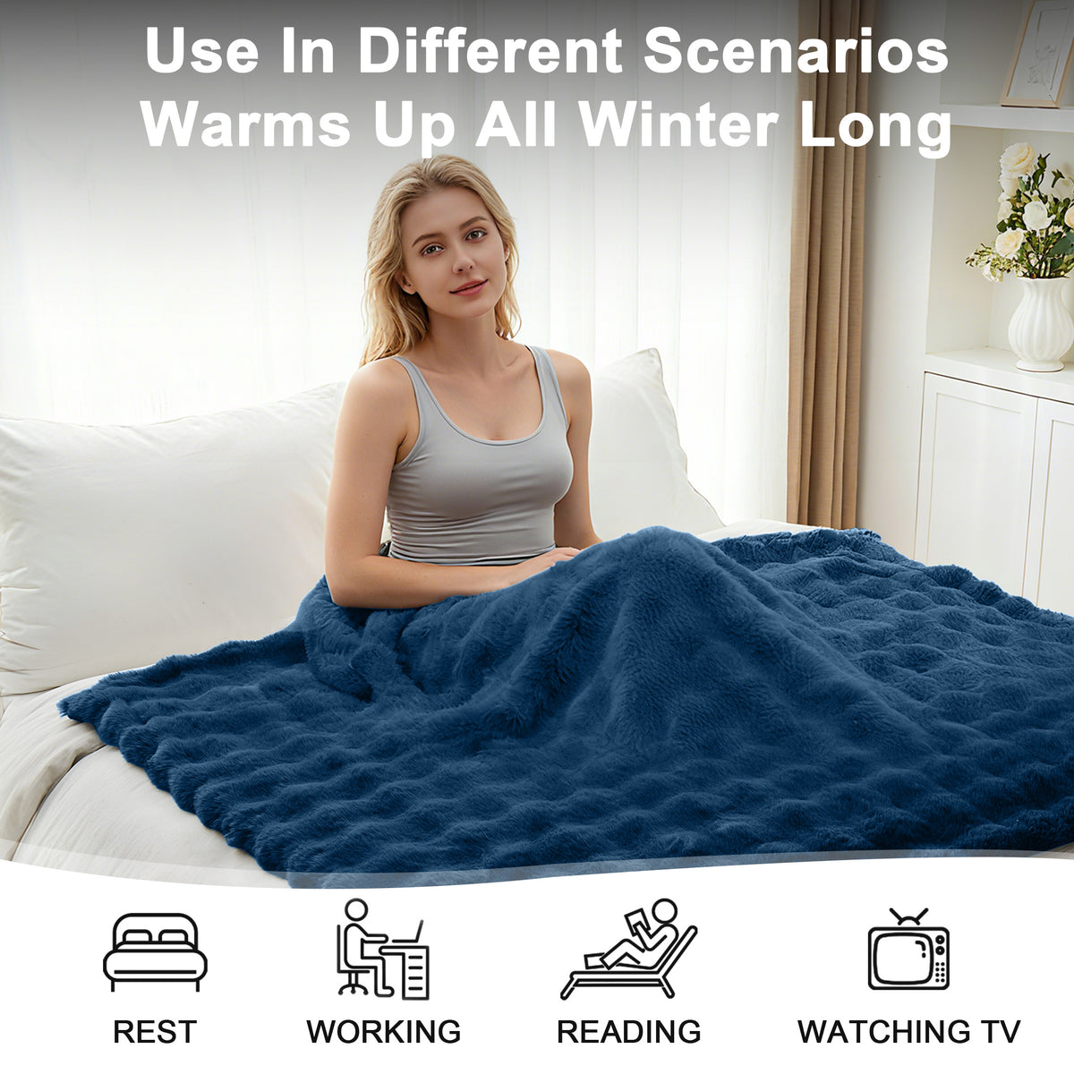 Dhole Heated Blanket Throw with 4 Hours Auto-Off 6 Heat Level, 50" * 60" Cozy Faux Rabbit Fur Bubble Electric Throw with Overheat Protection, Soft Fast Heating Blanket with ETL