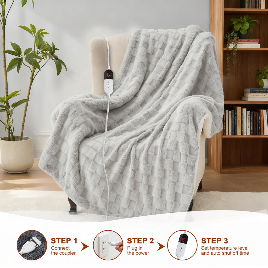 Dhole Electric Heated Blanket Checkered Fleece Throw 50x60 Inches Fast Heating Blanket 6 Heating Levels & 4 Hours Auto Off ETL Certification