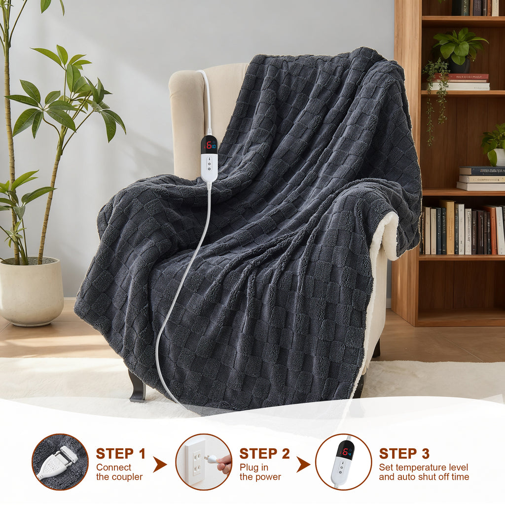 Dhole Electric Heated Blanket Checkered Fleece Throw 50x60 Inches Fast Heating Blanket 6 Heating Levels & 4 Hours Auto Off ETL Certification