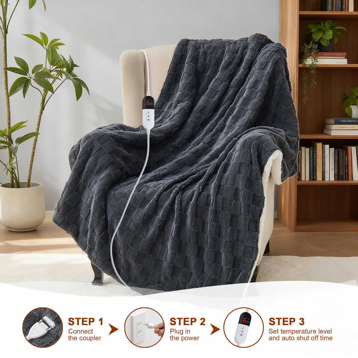 Dhole Electric Heated Blanket Checkered Fleece Throw 50x60 Inches Fast Heating Blanket 6 Heating Levels & 4 Hours Auto Off ETL Certification