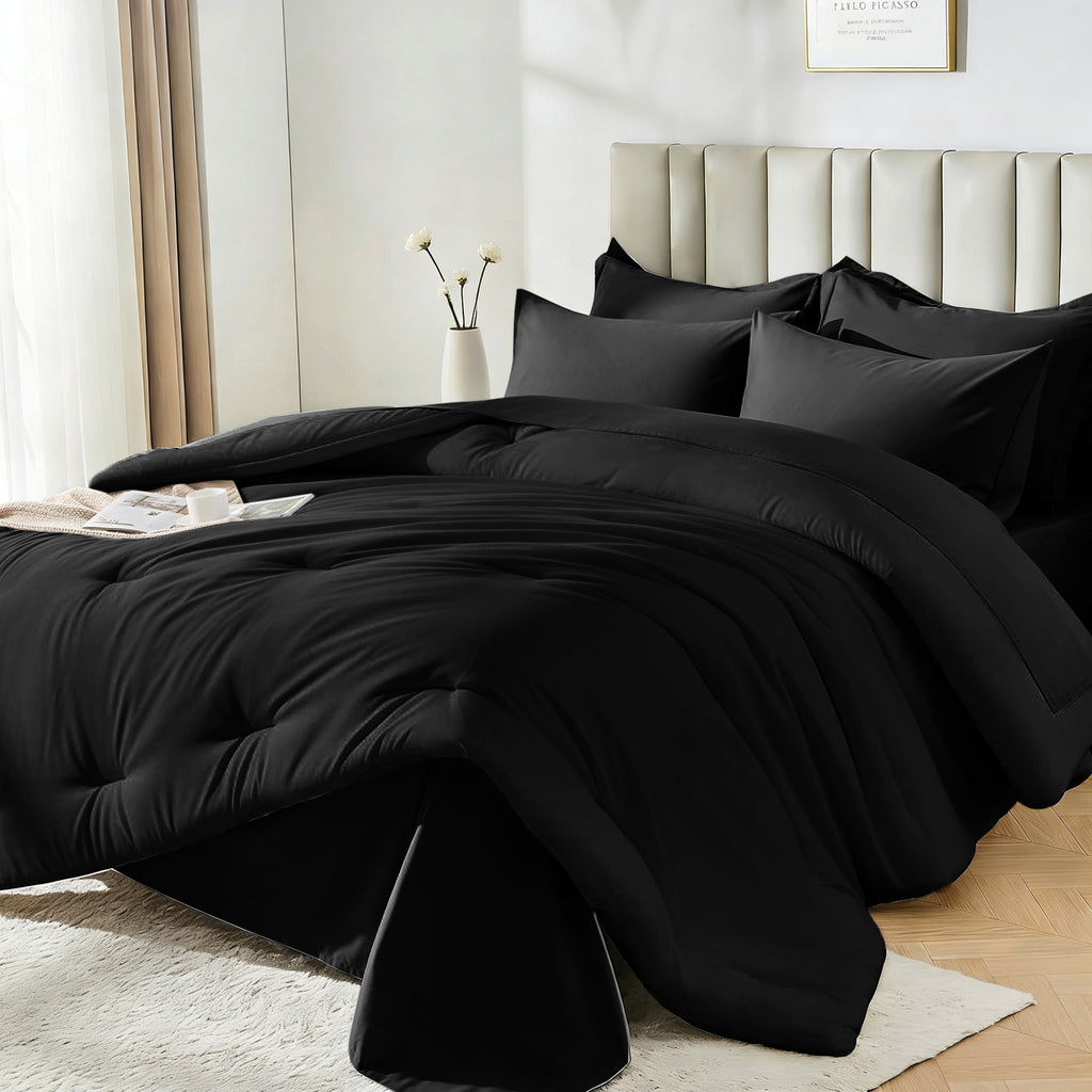 Dhole 7-Piece Bed Sheet Set - Queen Size Comforter, Pillowcases & Sheet Collection for Cozy Bedding Comfort Black