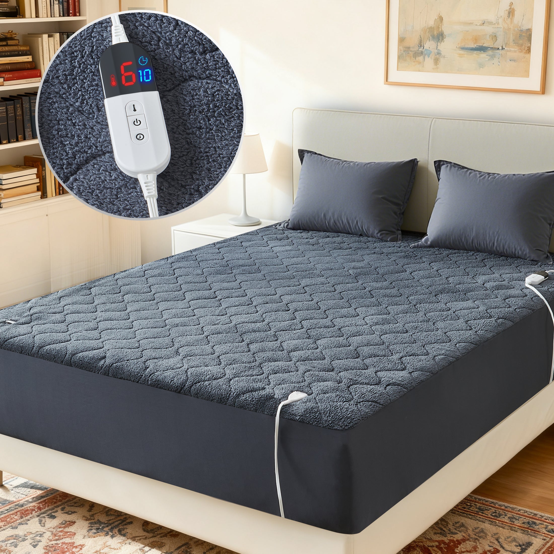 Dhole Cotton Blend Heated Mattress Pad Secure Comfort Technology - Luxury Quilted Electric Mattress Pad with Deep Pocket - 6-Setting Heat Controllers