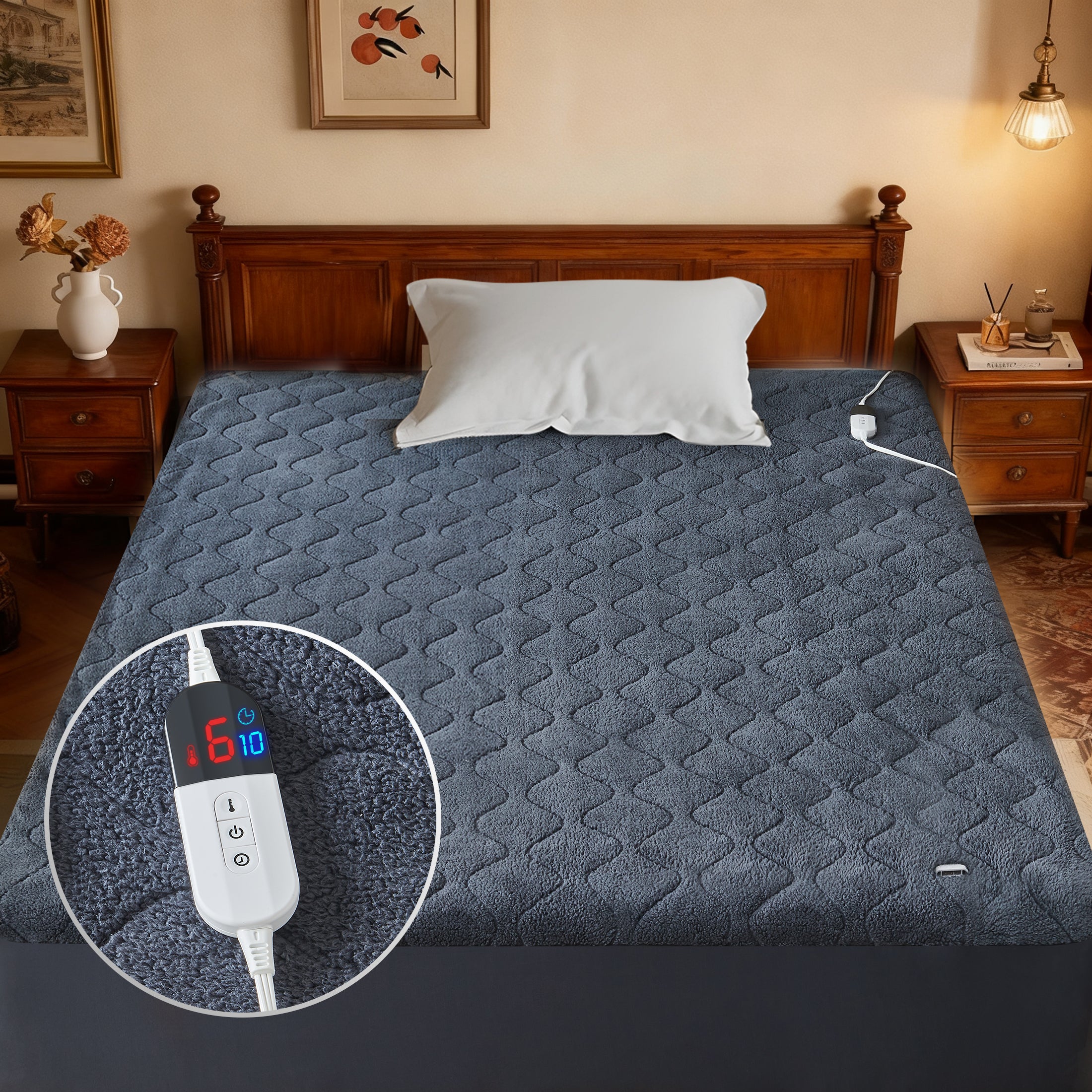Dhole Cotton Blend Heated Mattress Pad Secure Comfort Technology - Luxury Quilted Electric Mattress Pad with Deep Pocket - 6-Setting Heat Controllers