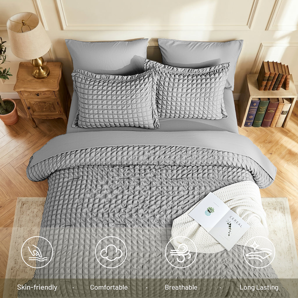 DHOLE Comforter Set 7 Pieces – Seersucker Textured Waffle Weave Bed in a Bag, All-Season Lightweight Microfiber Bedding Sets with Sheets & Pillow Shams