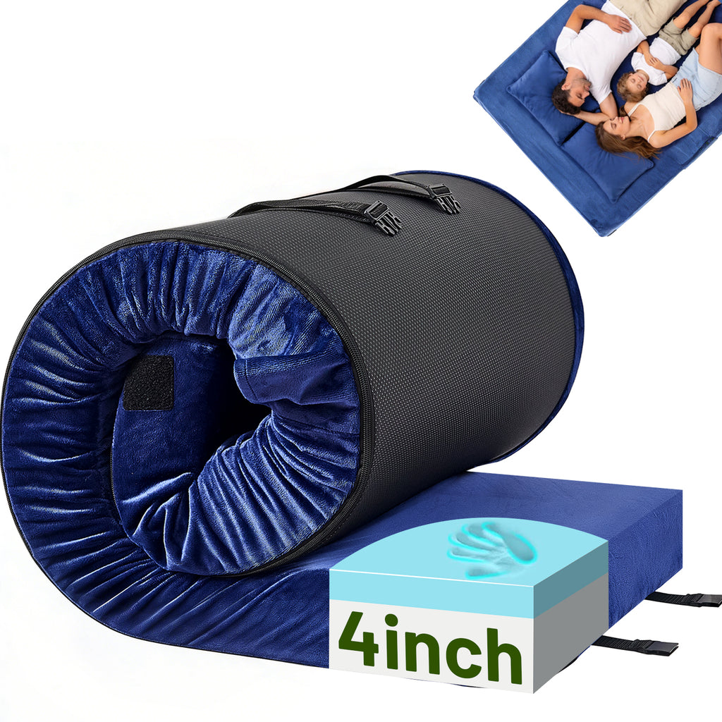 DHOLE 4 Inch Gel Memory Foam Camping Mattress, CertiPUR-US Certified Thick Sleeping Pad, Waterproof & Soft Fleece Top, Portable Roll-Up Mat with Multi-Function Storage Bag & Pillow for Tent Camping