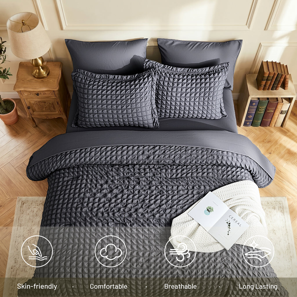 DHOLE Comforter Set 7 Pieces – Seersucker Textured Waffle Weave Bed in a Bag, All-Season Lightweight Microfiber Bedding Sets with Sheets & Pillow Shams