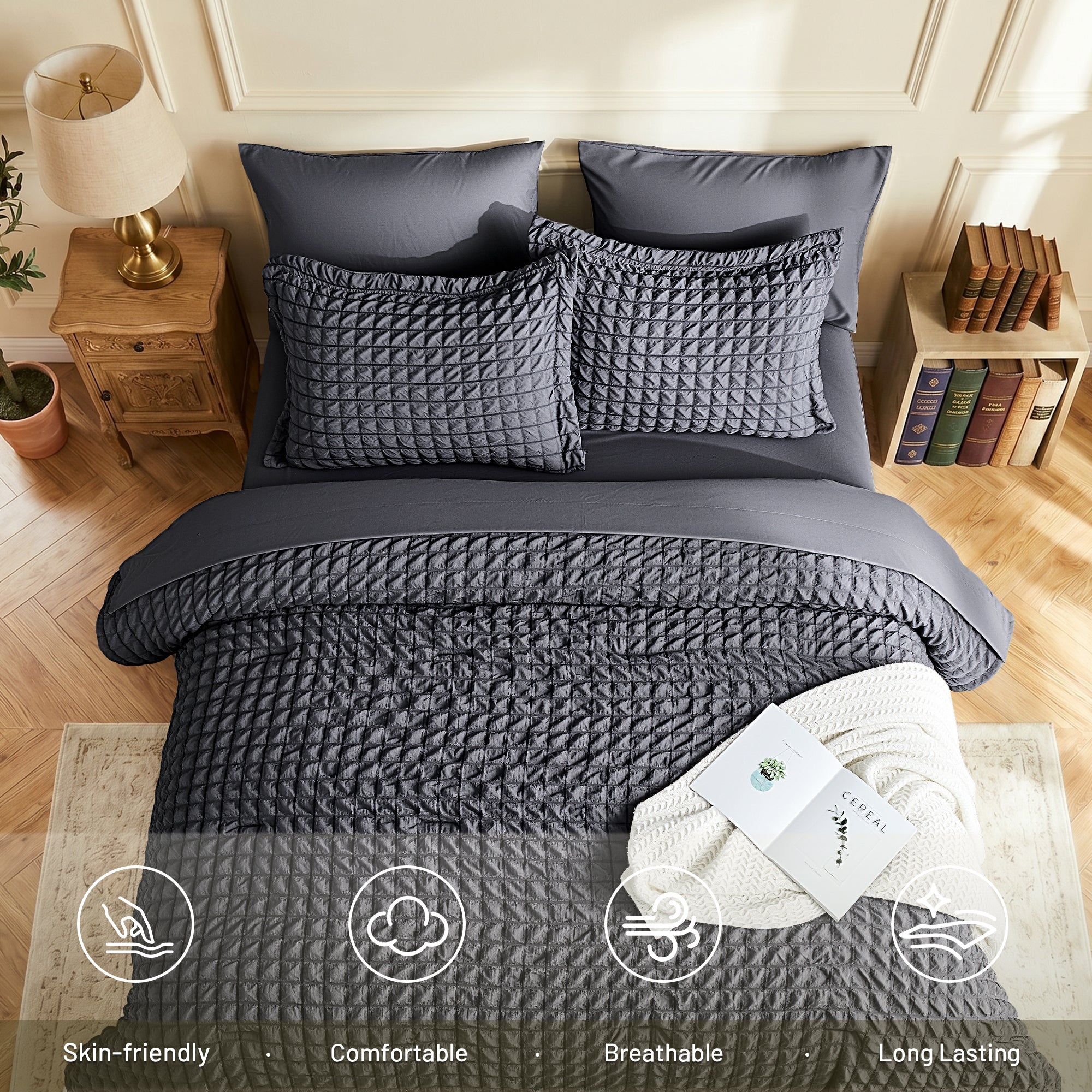 DHOLE Comforter Set 7 Pieces – Seersucker Textured Waffle Weave Bed in a Bag, All-Season Lightweight Microfiber Bedding Sets with Sheets & Pillow Shams