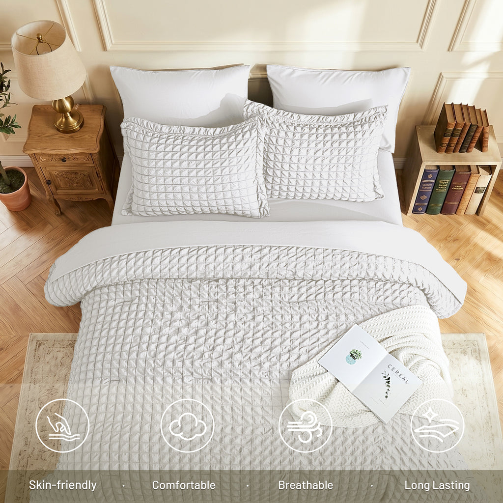 DHOLE Comforter Set 7 Pieces – Seersucker Textured Waffle Weave Bed in a Bag, All-Season Lightweight Microfiber Bedding Sets with Sheets & Pillow Shams