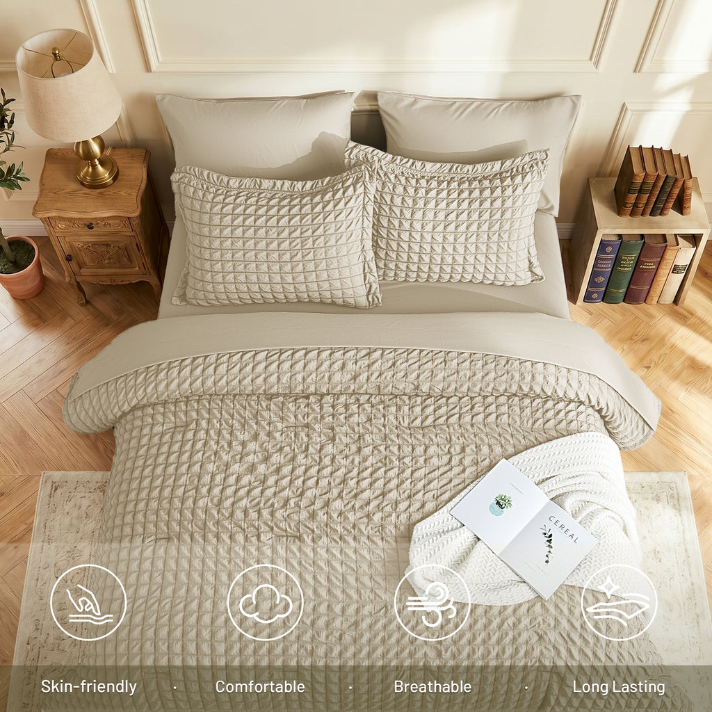 DHOLE Comforter Set 7 Pieces – Seersucker Textured Waffle Weave Bed in a Bag, All-Season Lightweight Microfiber Bedding Sets with Sheets & Pillow Shams