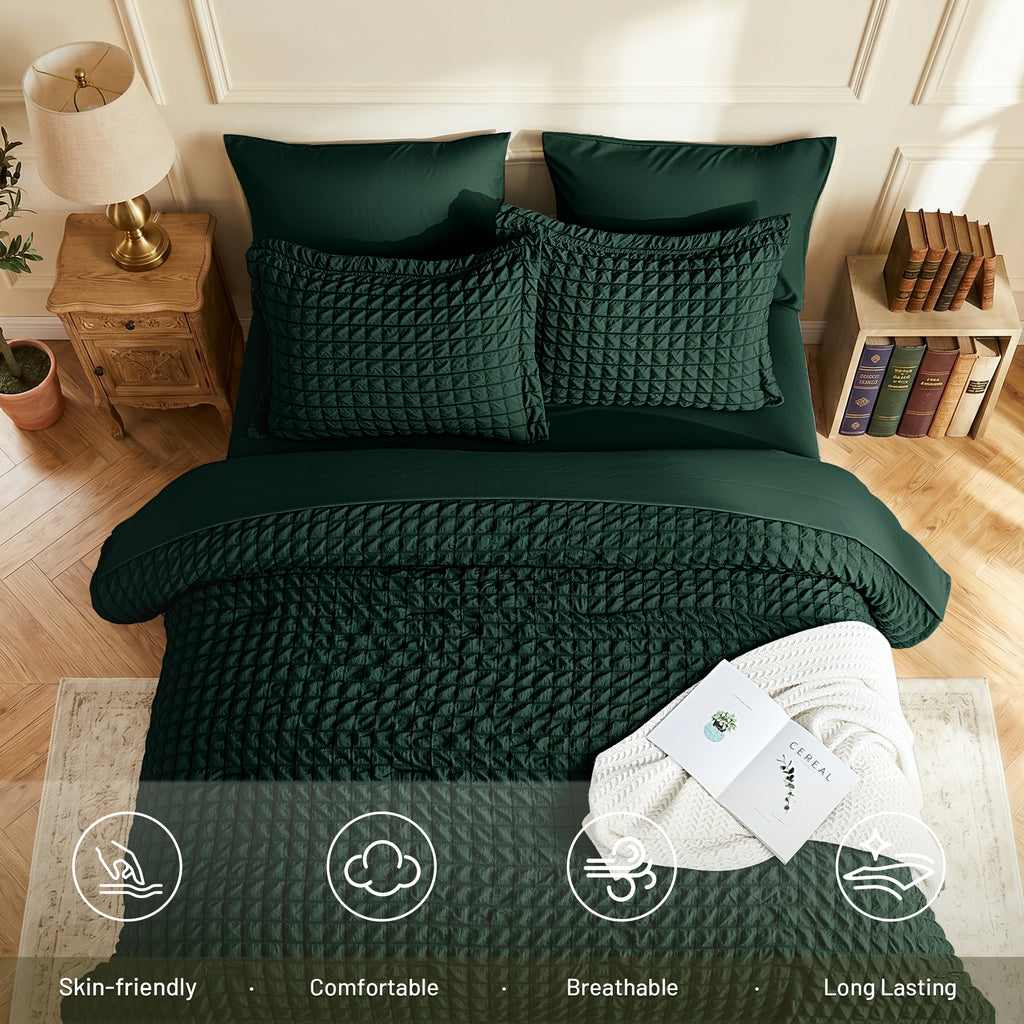 DHOLE Comforter Set 7 Pieces – Seersucker Textured Waffle Weave Bed in a Bag, All-Season Lightweight Microfiber Bedding Sets with Sheets & Pillow Shams