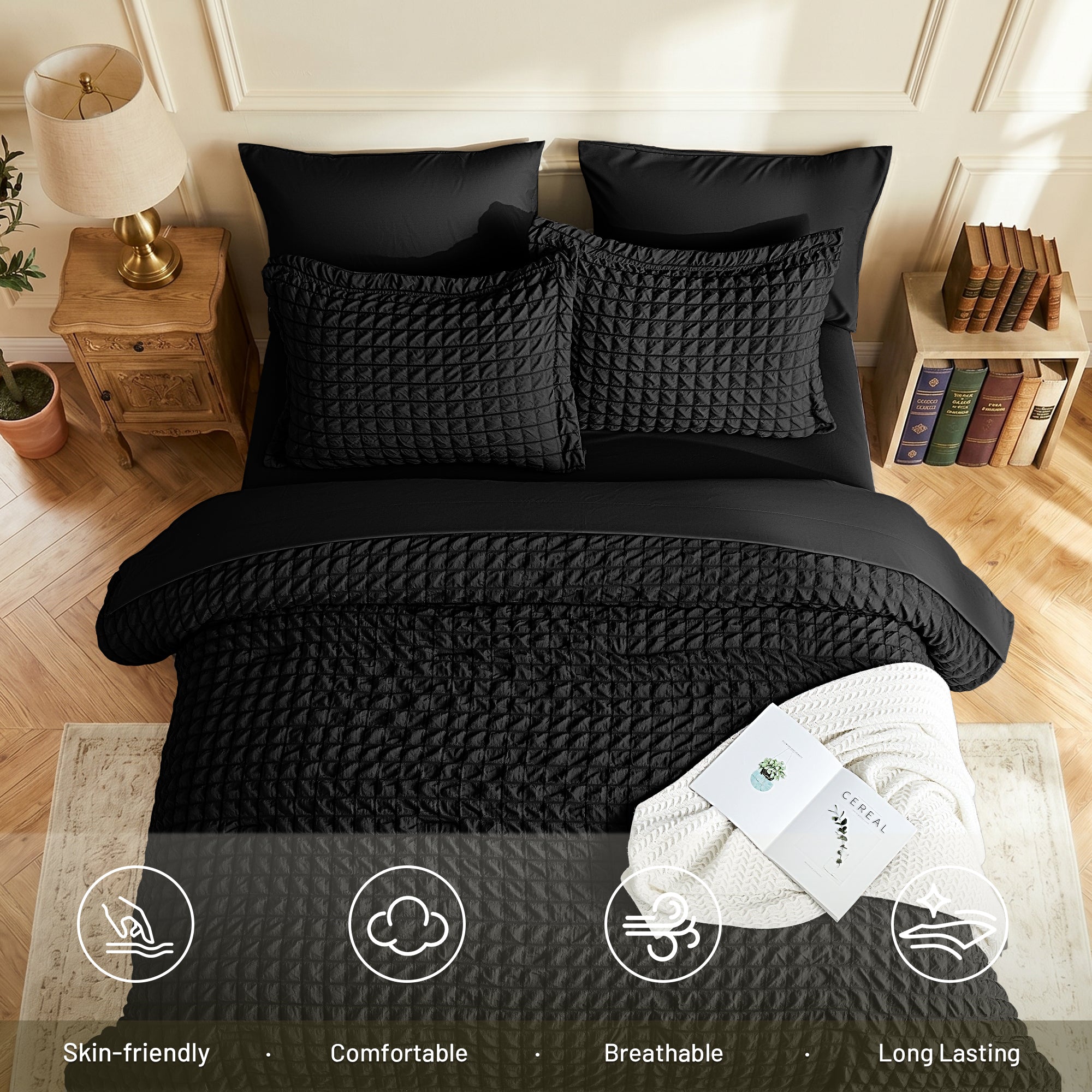 DHOLE Comforter Set 7 Pieces – Seersucker Textured Waffle Weave Bed in a Bag, All-Season Lightweight Microfiber Bedding Sets with Sheets & Pillow Shams