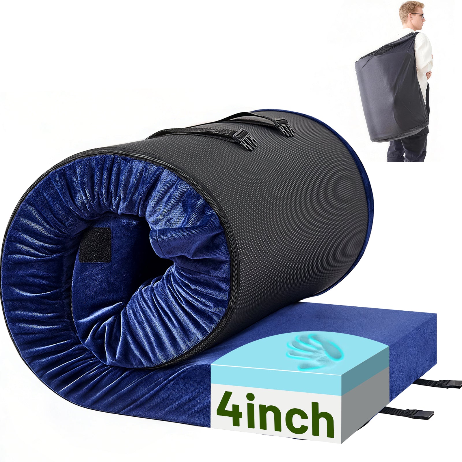 DHOLE 4 Inch Gel Memory Foam Camping Mattress, CertiPUR-US Certified Thick Sleeping Pad, Waterproof & Soft Fleece Top, Portable Roll-Up Mat with Multi-Function Storage Bag & Pillow for Tent Camping