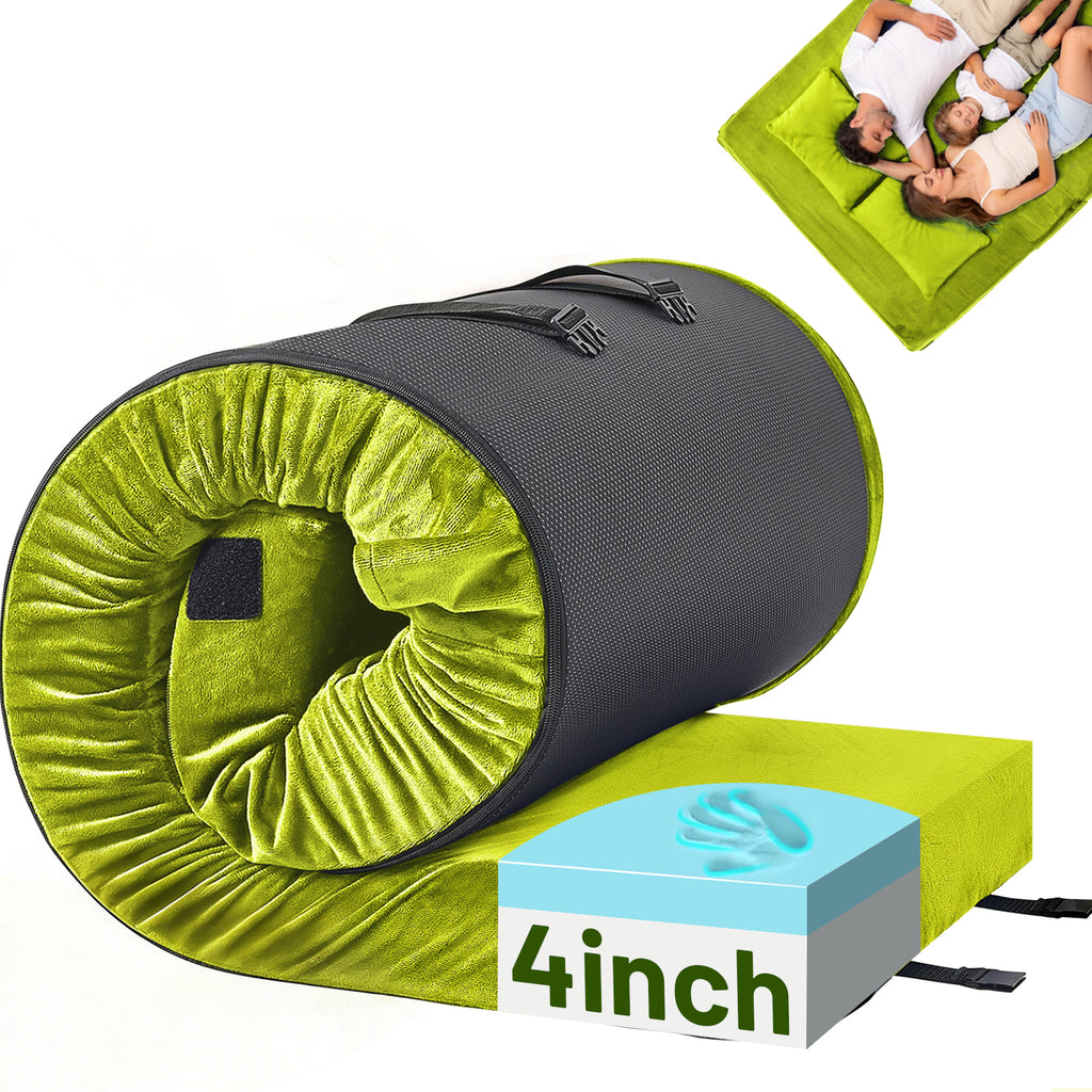 DHOLE 4 Inch Gel Memory Foam Camping Mattress, CertiPUR-US Certified Thick Sleeping Pad, Waterproof & Soft Fleece Top, Portable Roll-Up Mat with Multi-Function Storage Bag & Pillow for Tent Camping