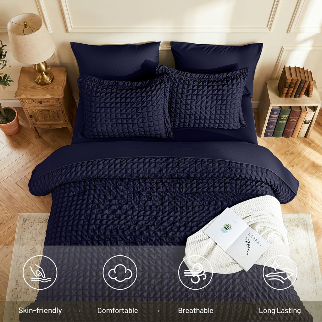 DHOLE Comforter Set 7 Pieces – Seersucker Textured Waffle Weave Bed in a Bag, All-Season Lightweight Microfiber Bedding Sets with Sheets & Pillow Shams