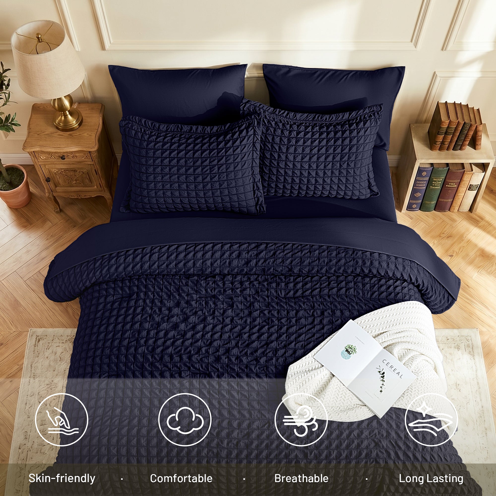 DHOLE Comforter Set 7 Pieces – Seersucker Textured Waffle Weave Bed in a Bag, All-Season Lightweight Microfiber Bedding Sets with Sheets & Pillow Shams