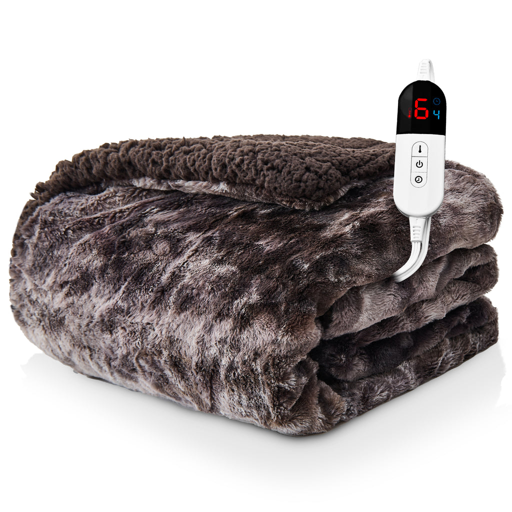 Dhole Heated Blanket Electric Throw - 50"x60" Heating Blanket Throw 4 Hours Auto-Off 6 Heat Level Over-Heat Protection Luxury Faux Fur Sherpa ETL Certification