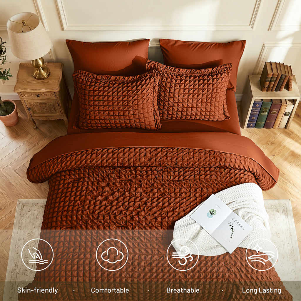 DHOLE Comforter Set 7 Pieces – Seersucker Textured Waffle Weave Bed in a Bag, All-Season Lightweight Microfiber Bedding Sets with Sheets & Pillow Shams