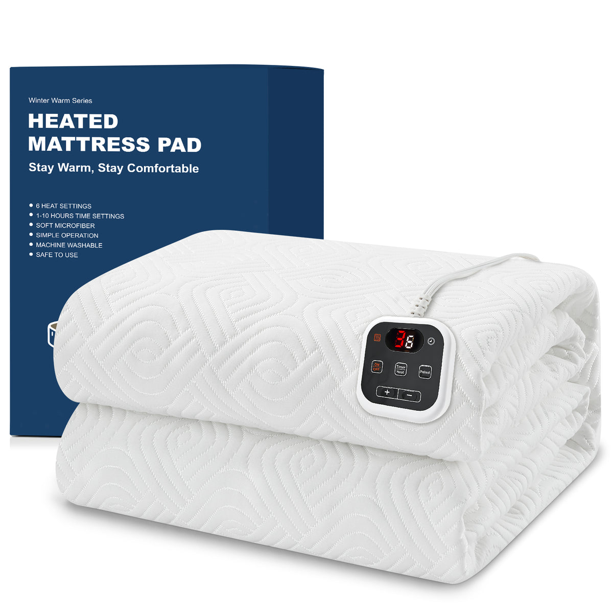 Dhole Heated Mattress Pad, Dual Control Electric Bed Warmer, 6 Heat Levels, 1-10H Auto Shut Off with Preheat & LED Controller