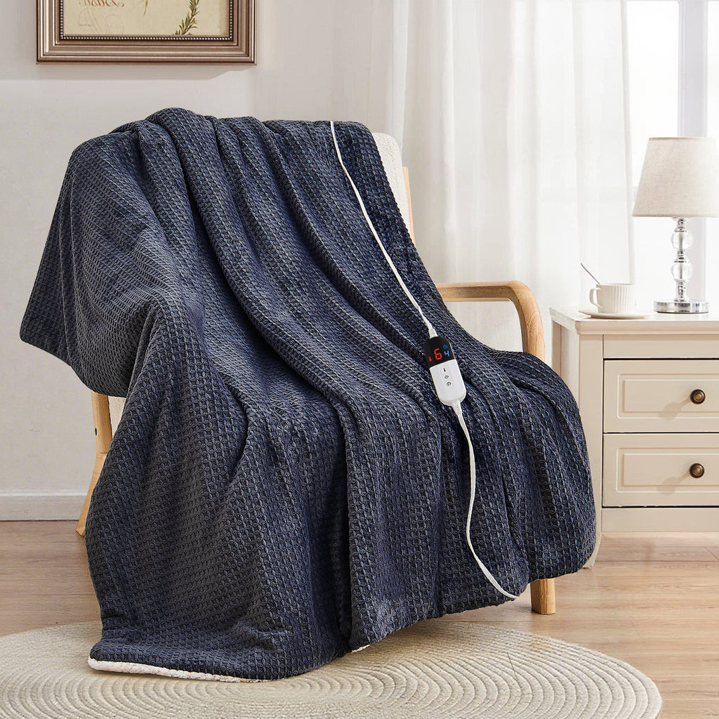 Dhole Heated Blanket Electric Blanket Throw Waffle, 50x60 Inches，Sherpa Fleece Fast Heating Blanket 6 Heating Levels & 4 Hours Auto Off ETL Certification