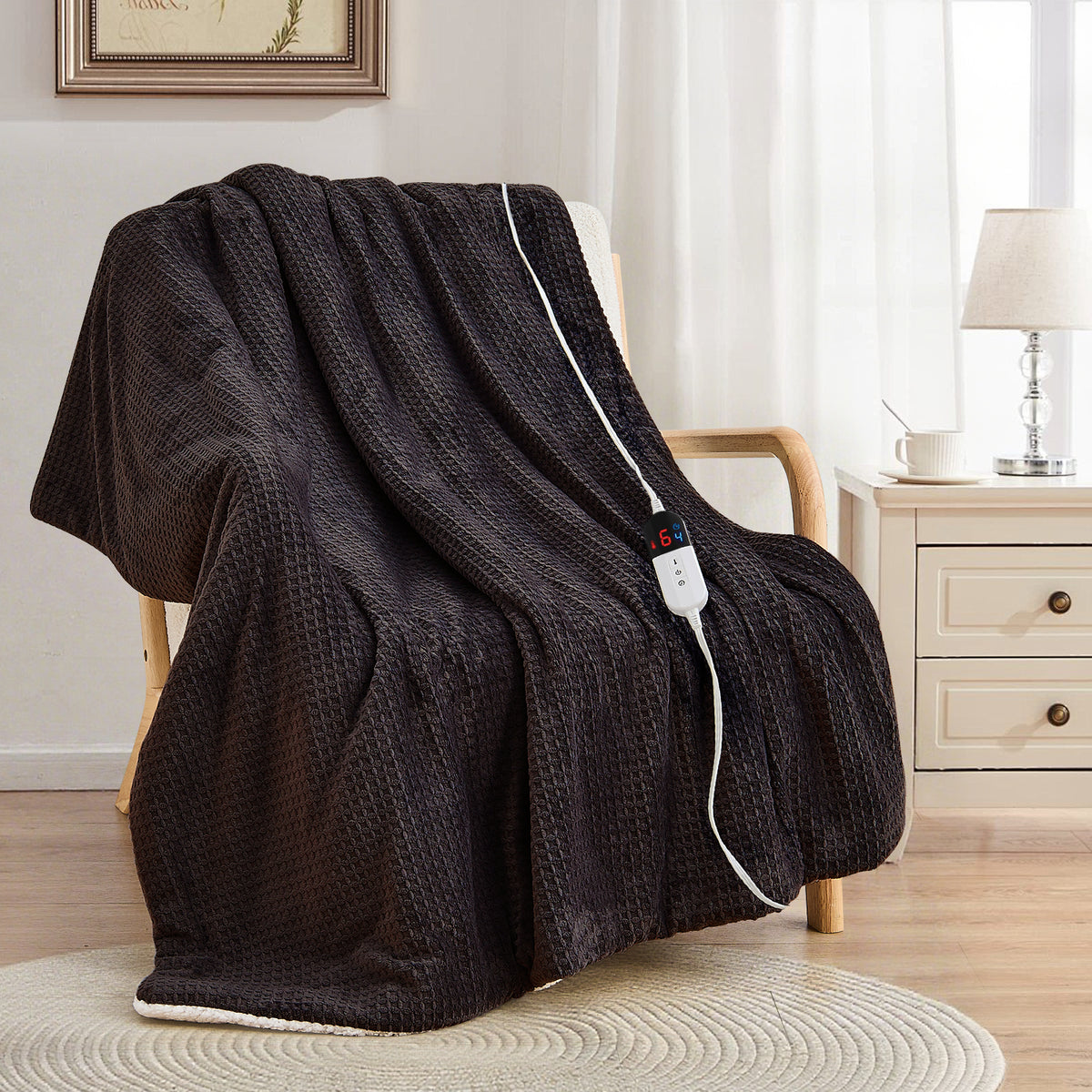 Dhole Heated Blanket Electric Blanket Throw Waffle, 50x60 Inches，Sherpa Fleece Fast Heating Blanket 6 Heating Levels & 4 Hours Auto Off ETL Certification