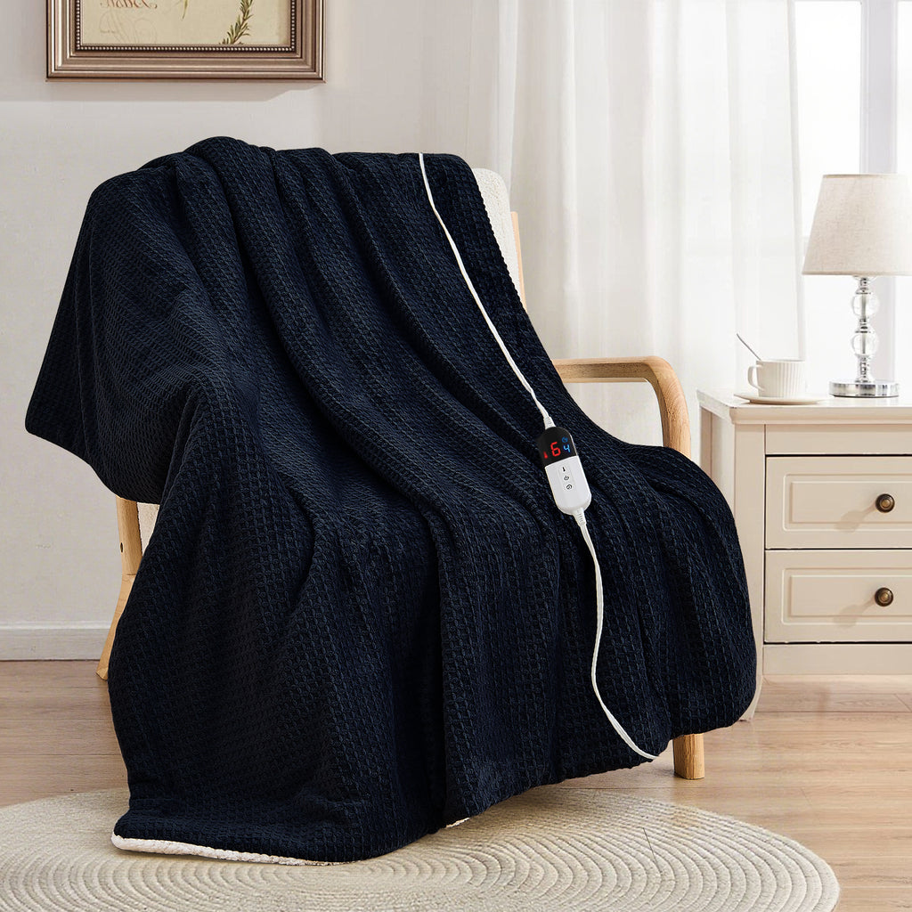 Dhole Heated Blanket Electric Blanket Throw Waffle, 50x60 Inches，Sherpa Fleece Fast Heating Blanket 6 Heating Levels & 4 Hours Auto Off ETL Certification