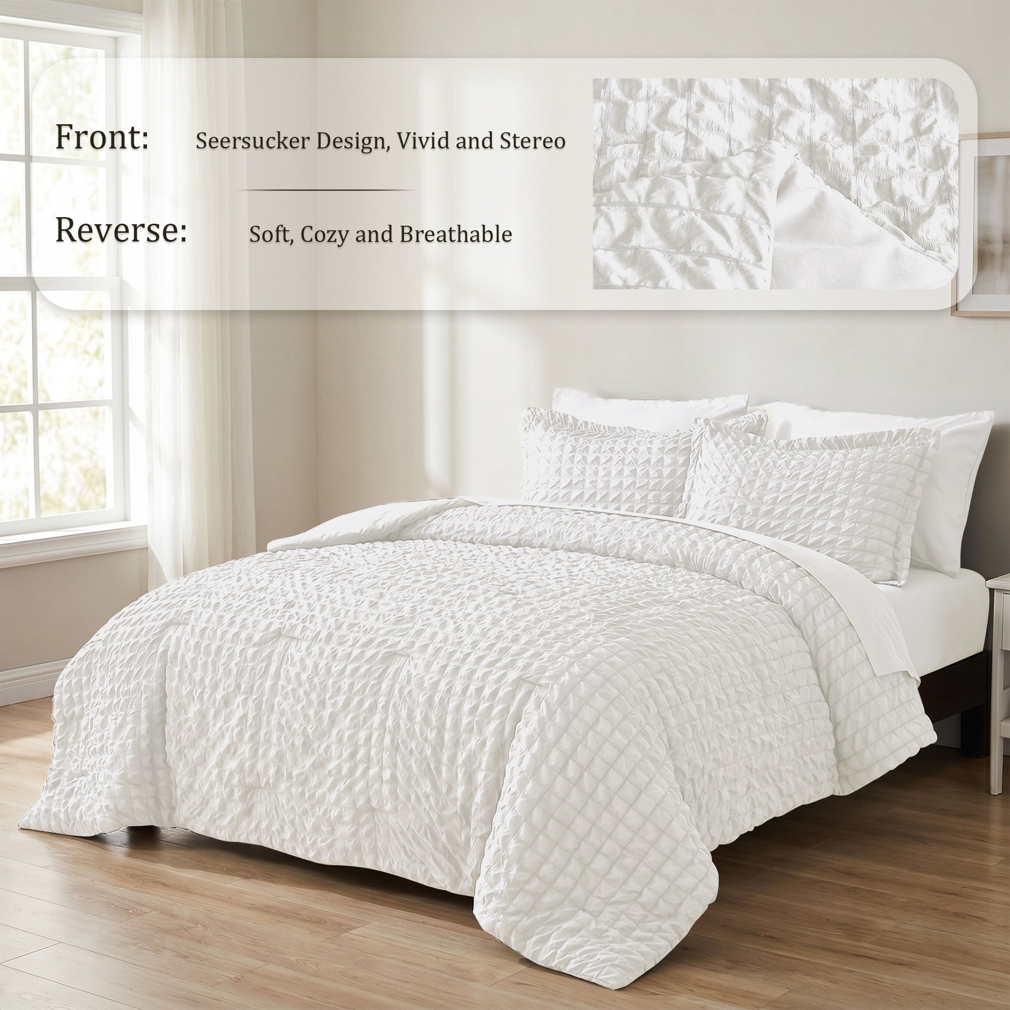 DHOLE Comforter Set 7 Pieces – Seersucker Textured Waffle Weave Bed in a Bag, All-Season Lightweight Microfiber Bedding Sets with Sheets & Pillow Shams