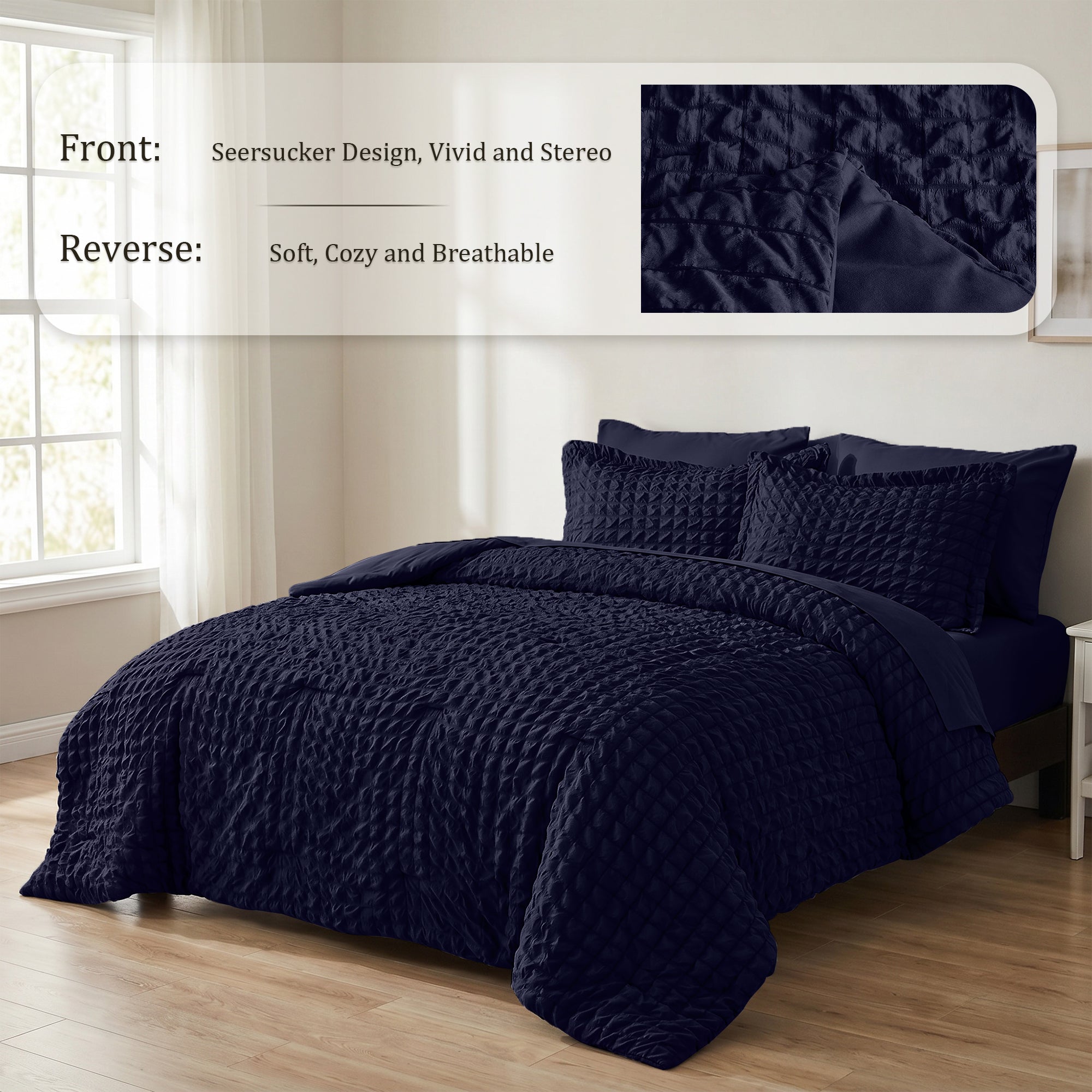 DHOLE Comforter Set 7 Pieces – Seersucker Textured Waffle Weave Bed in a Bag, All-Season Lightweight Microfiber Bedding Sets with Sheets & Pillow Shams