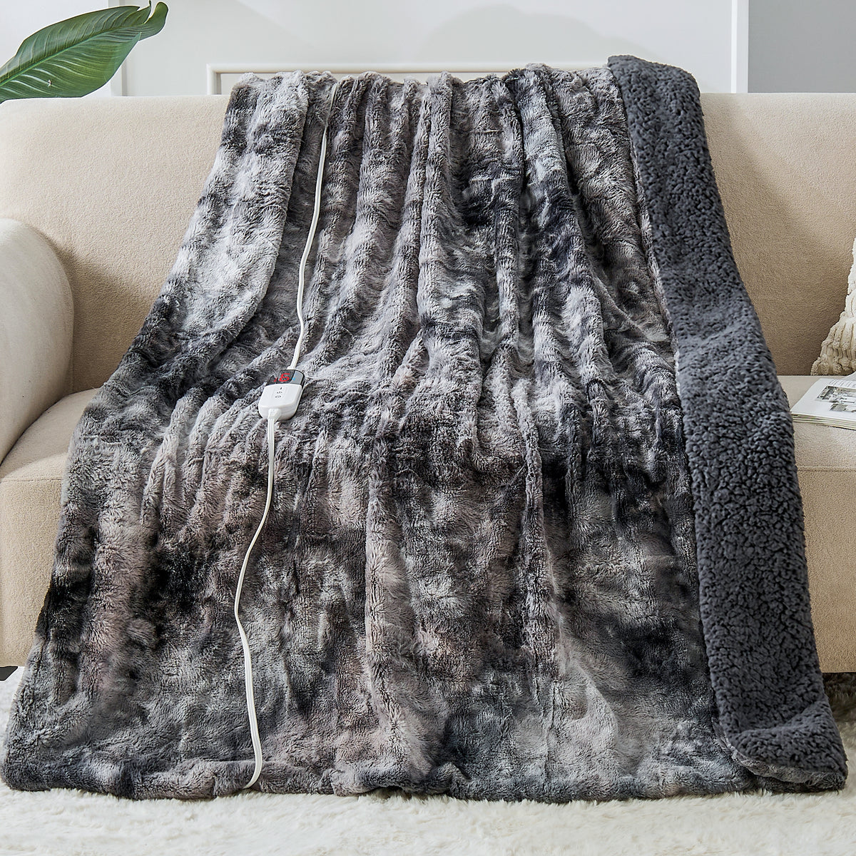 Dhole Heated Blanket Electric Throw - 50"x60" Heating Blanket Throw 4 Hours Auto-Off 6 Heat Level Over-Heat Protection Luxury Faux Fur Sherpa ETL Certification