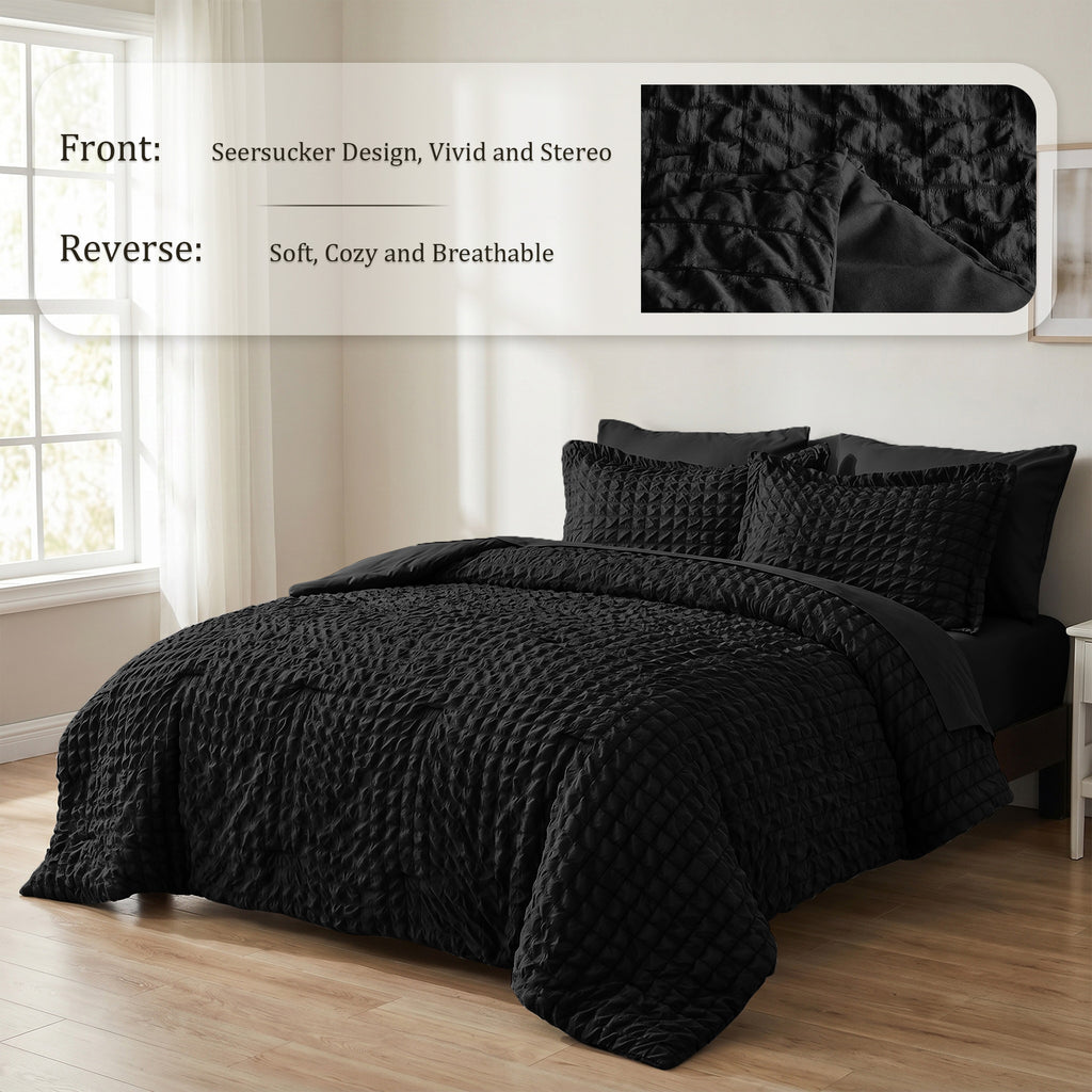 DHOLE Comforter Set 7 Pieces – Seersucker Textured Waffle Weave Bed in a Bag, All-Season Lightweight Microfiber Bedding Sets with Sheets & Pillow Shams